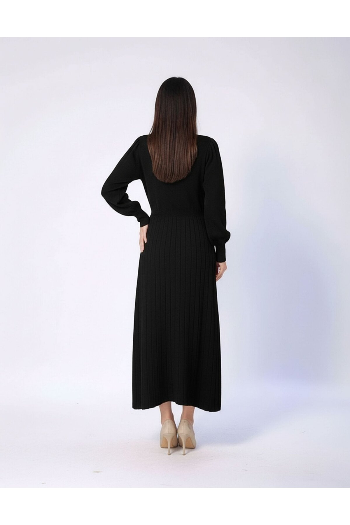 Kadın Uzun Kol Bisiklet Yaka Triko Belden Asimetrik Etek Triko Spor Şık Elbise