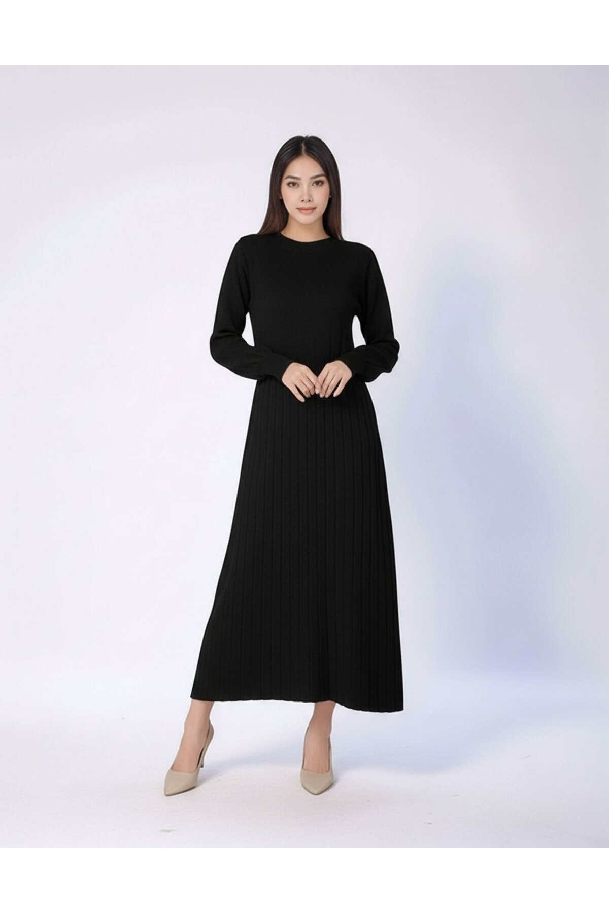 Kadın Uzun Kol Bisiklet Yaka Triko Belden Asimetrik Etek Triko Spor Şık Elbise