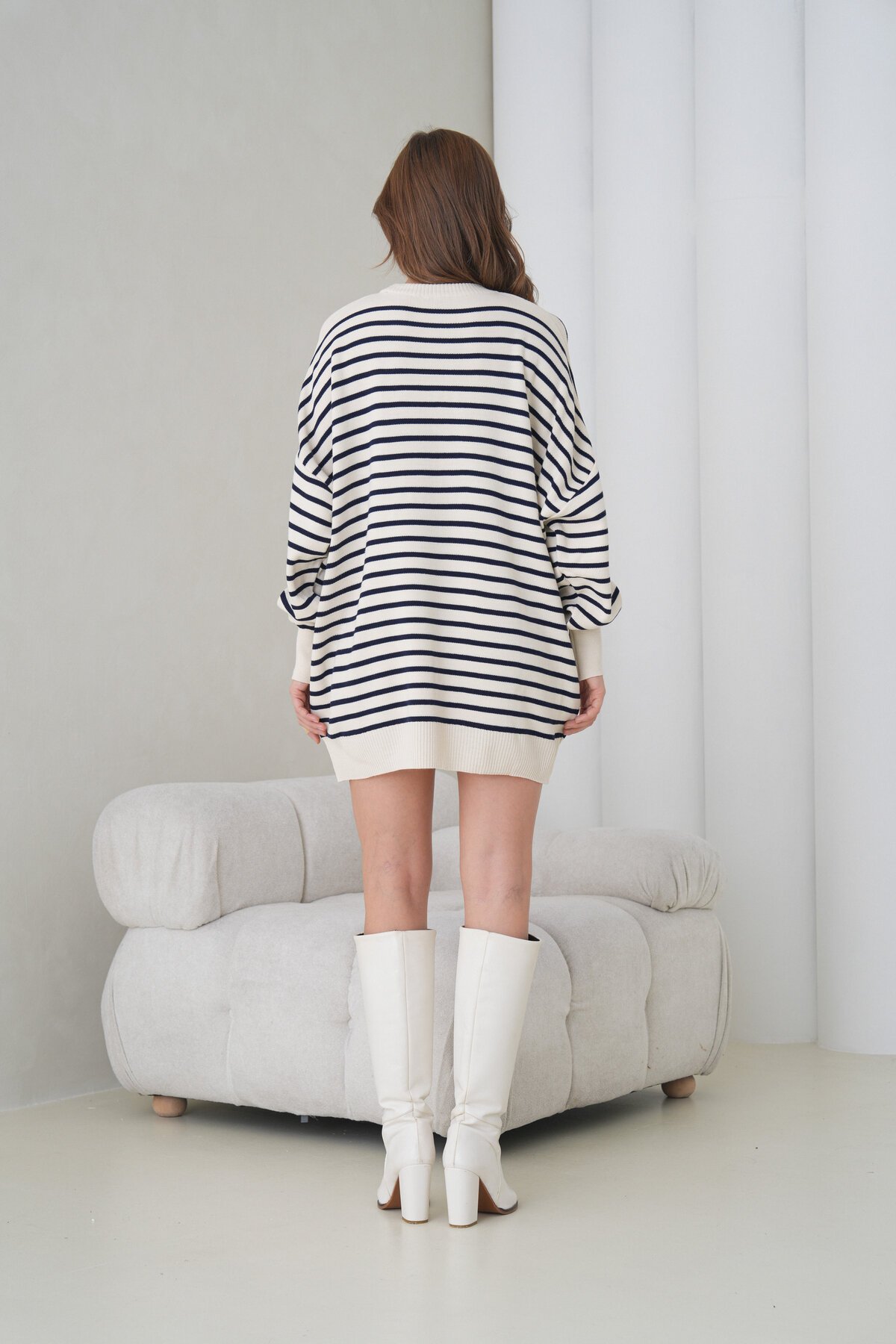 Kadın Uzun Kol Bisiklet Yaka Tunik Boy Çizgili Oversize Şık Kışlık Triko Kazak Elbise