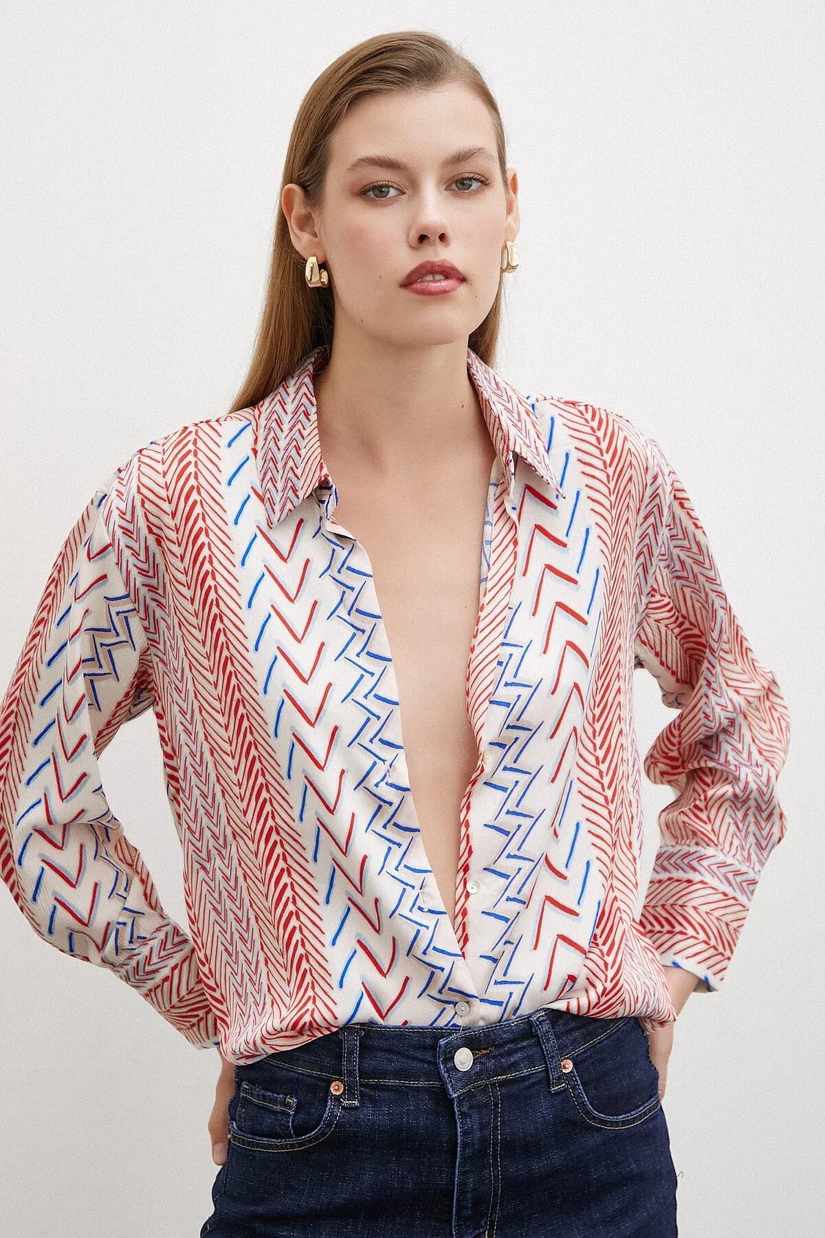 Kadın Uzun Kol Geometrik Desenli Renkli Pamuk Saten Premium Kalite Spor Şık Gömlek