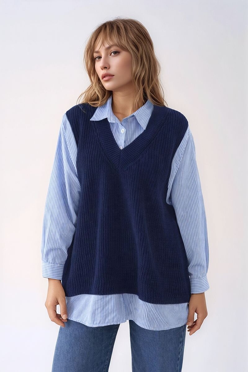 Kadın Uzun Kol Gömlek Yaka İçi Gömlekli Triko Yelekli Spor Şık Gömlek Kazak