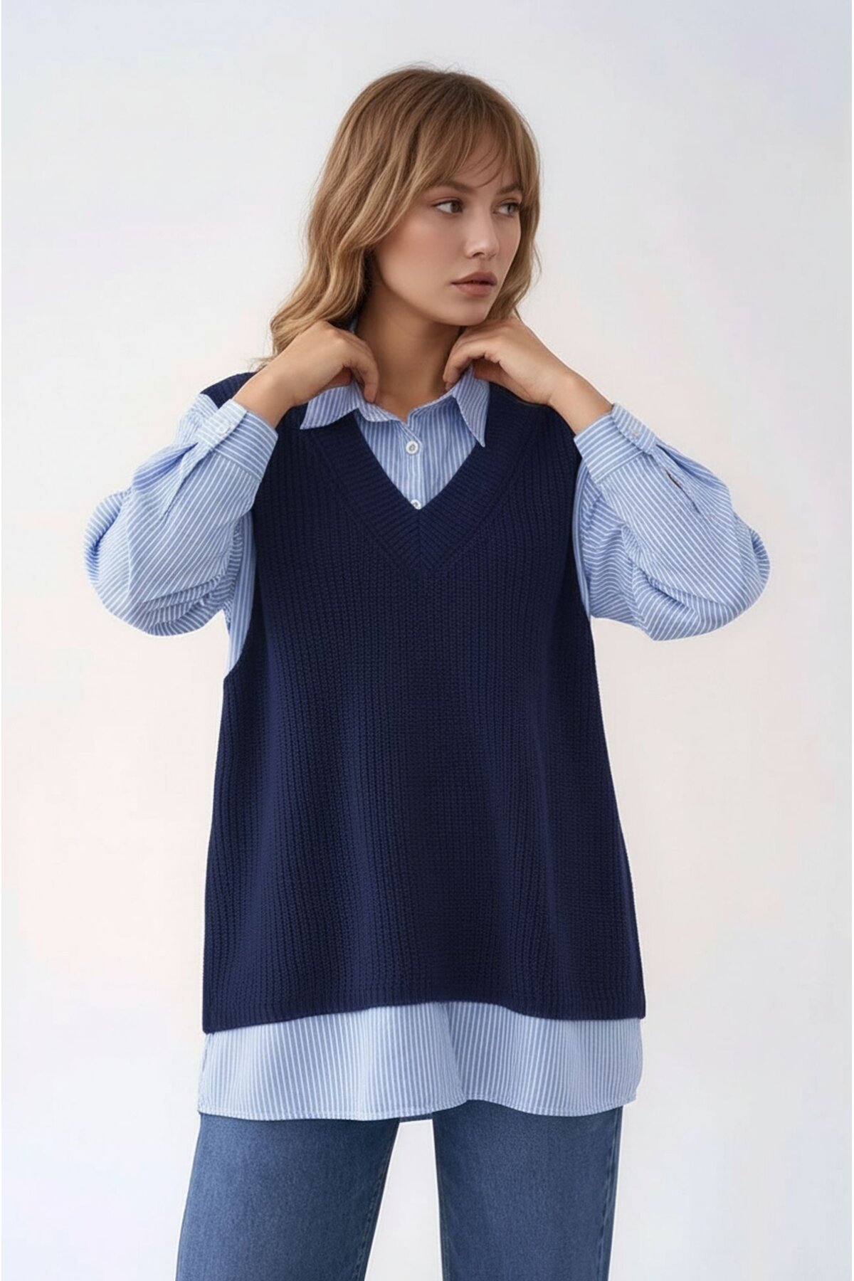 Kadın Uzun Kol Gömlek Yaka İçi Gömlekli Triko Yelekli Spor Şık Gömlek Kazak