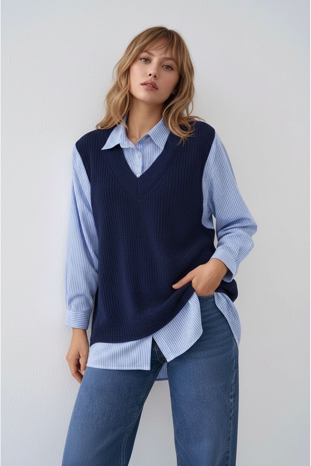 Kadın Uzun Kol Gömlek Yaka İçi Gömlekli Triko Yelekli Spor Şık Gömlek Kazak