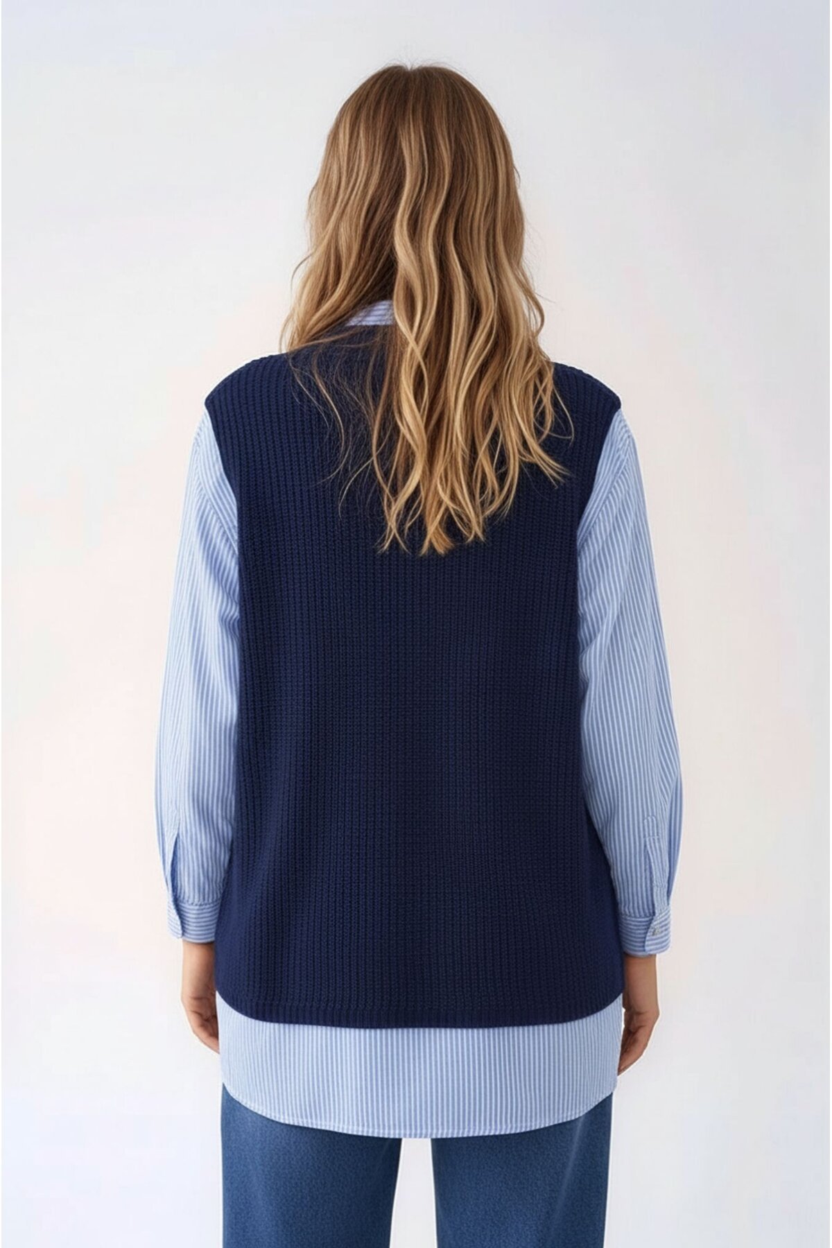 Kadın Uzun Kol Gömlek Yaka İçi Gömlekli Triko Yelekli Spor Şık Gömlek Kazak