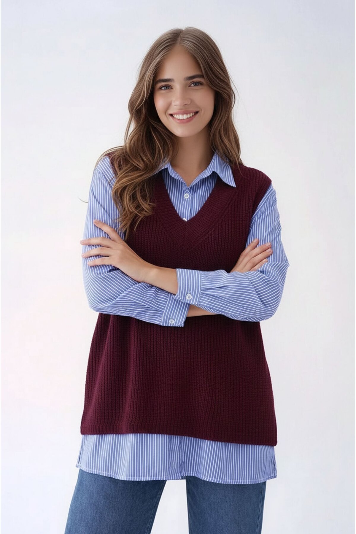 Kadın Uzun Kol Gömlek Yaka İçi Gömlekli Triko Yelekli Spor Şık Gömlek Kazak