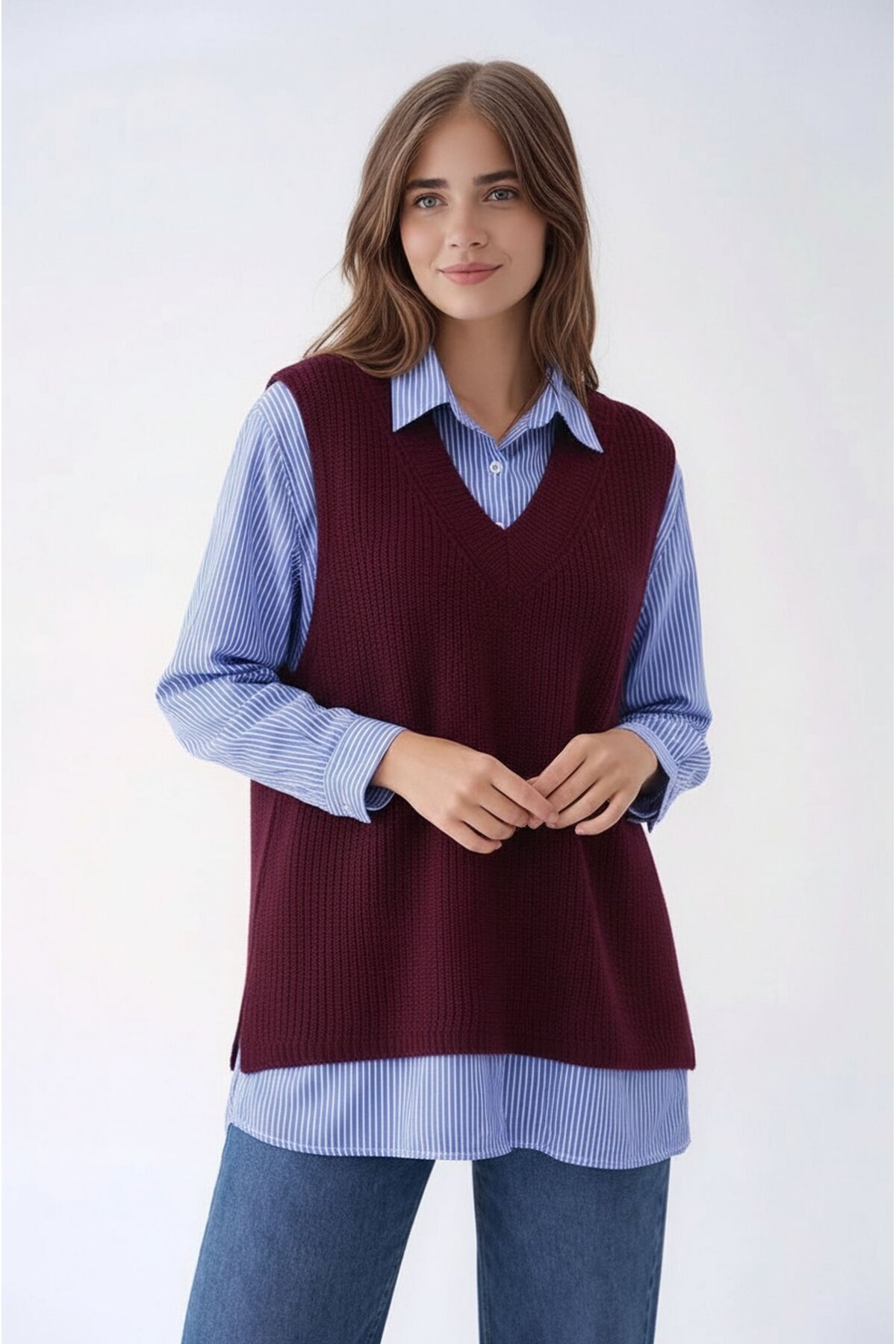 Kadın Uzun Kol Gömlek Yaka İçi Gömlekli Triko Yelekli Spor Şık Gömlek Kazak