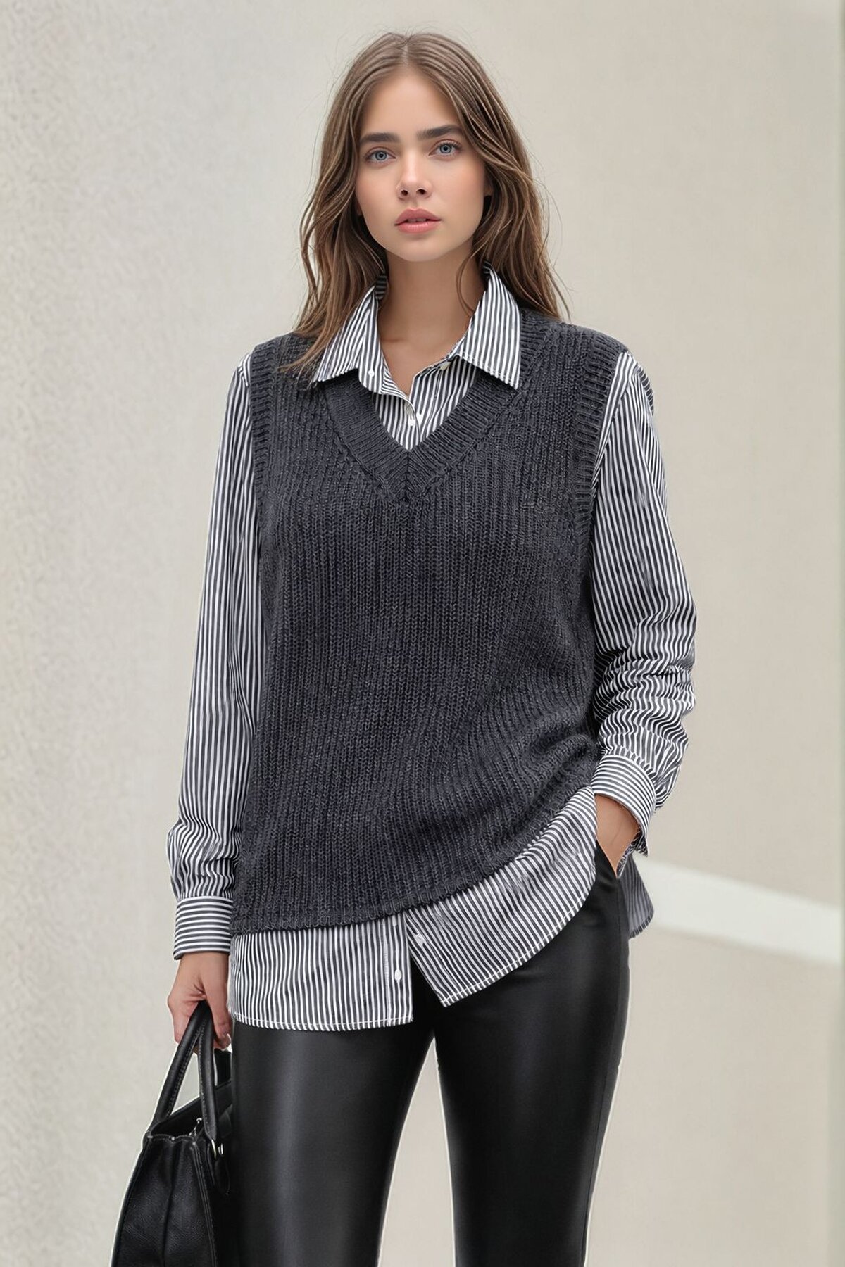 Kadın Uzun Kol Gömlek Yaka İçi Gömlekli Triko Yelekli Spor Şık Gömlek Kazak