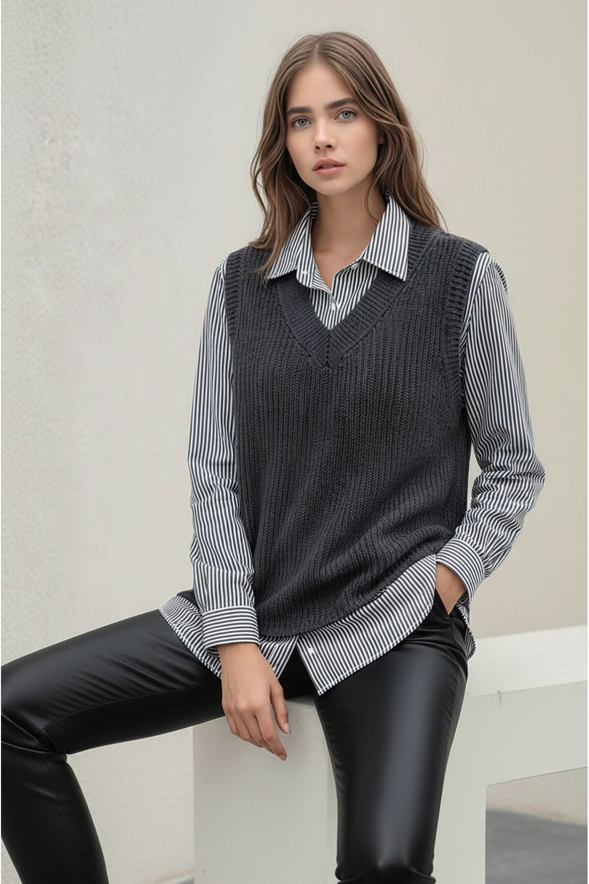 Kadın Uzun Kol Gömlek Yaka İçi Gömlekli Triko Yelekli Spor Şık Gömlek Kazak