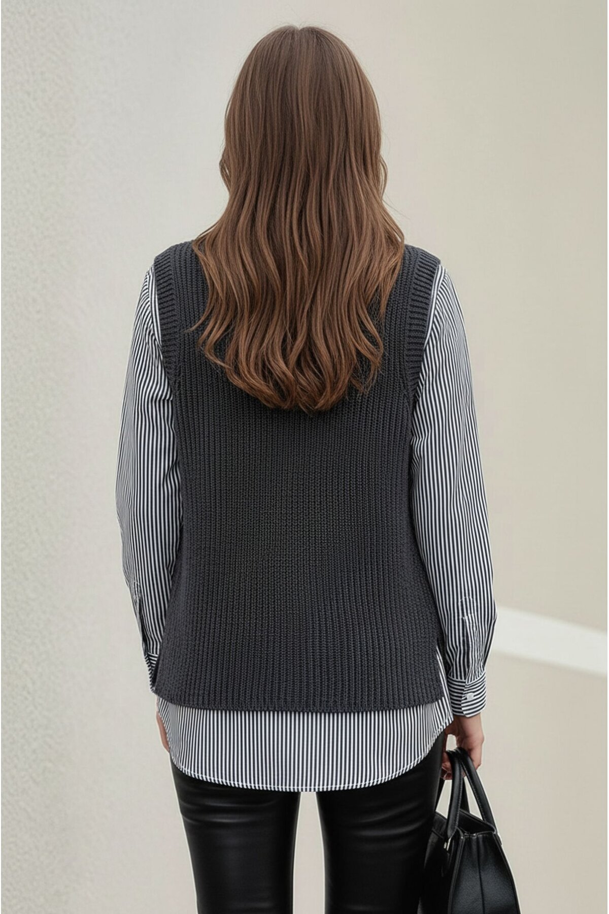 Kadın Uzun Kol Gömlek Yaka İçi Gömlekli Triko Yelekli Spor Şık Gömlek Kazak