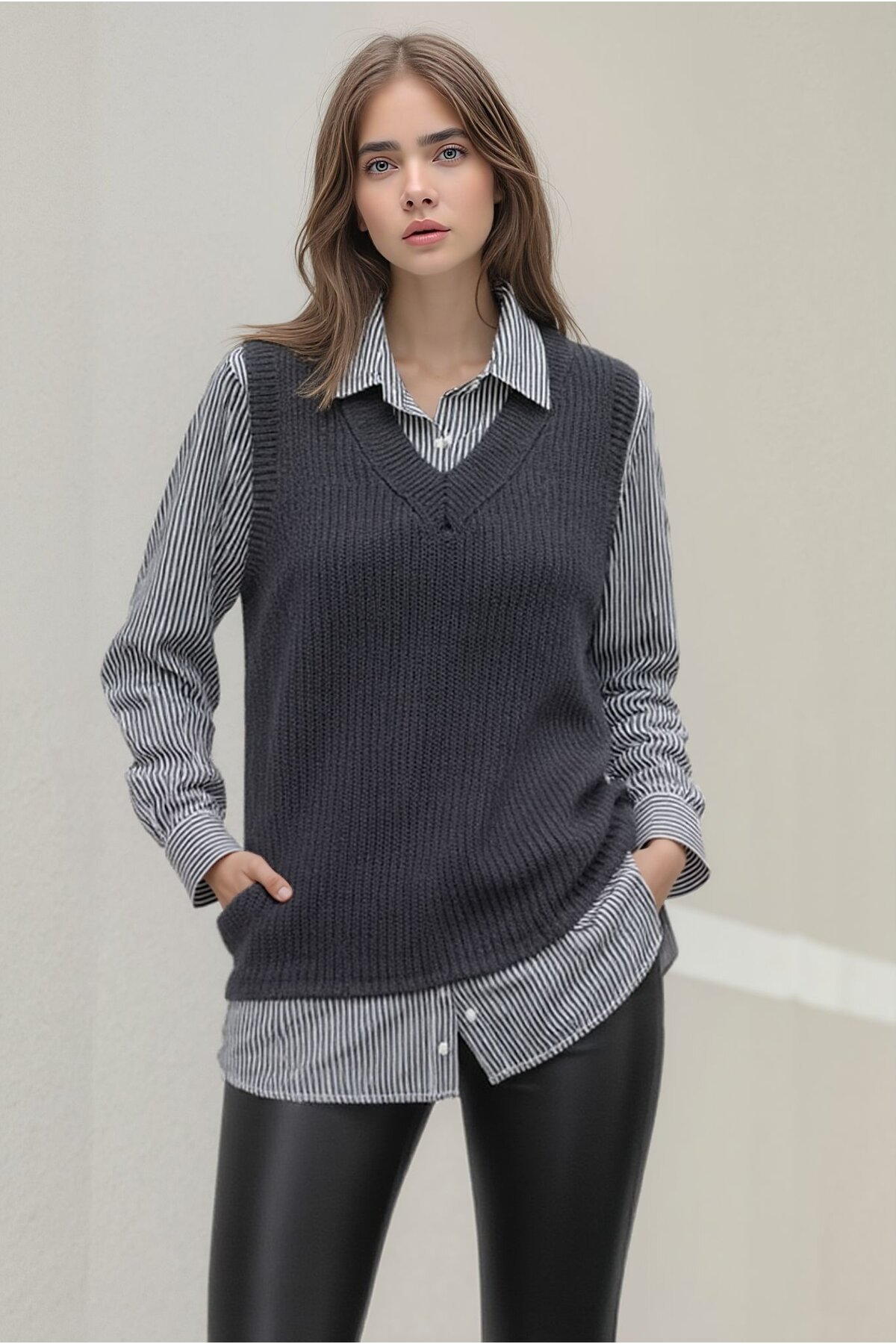 Kadın Uzun Kol Gömlek Yaka İçi Gömlekli Triko Yelekli Spor Şık Gömlek Kazak