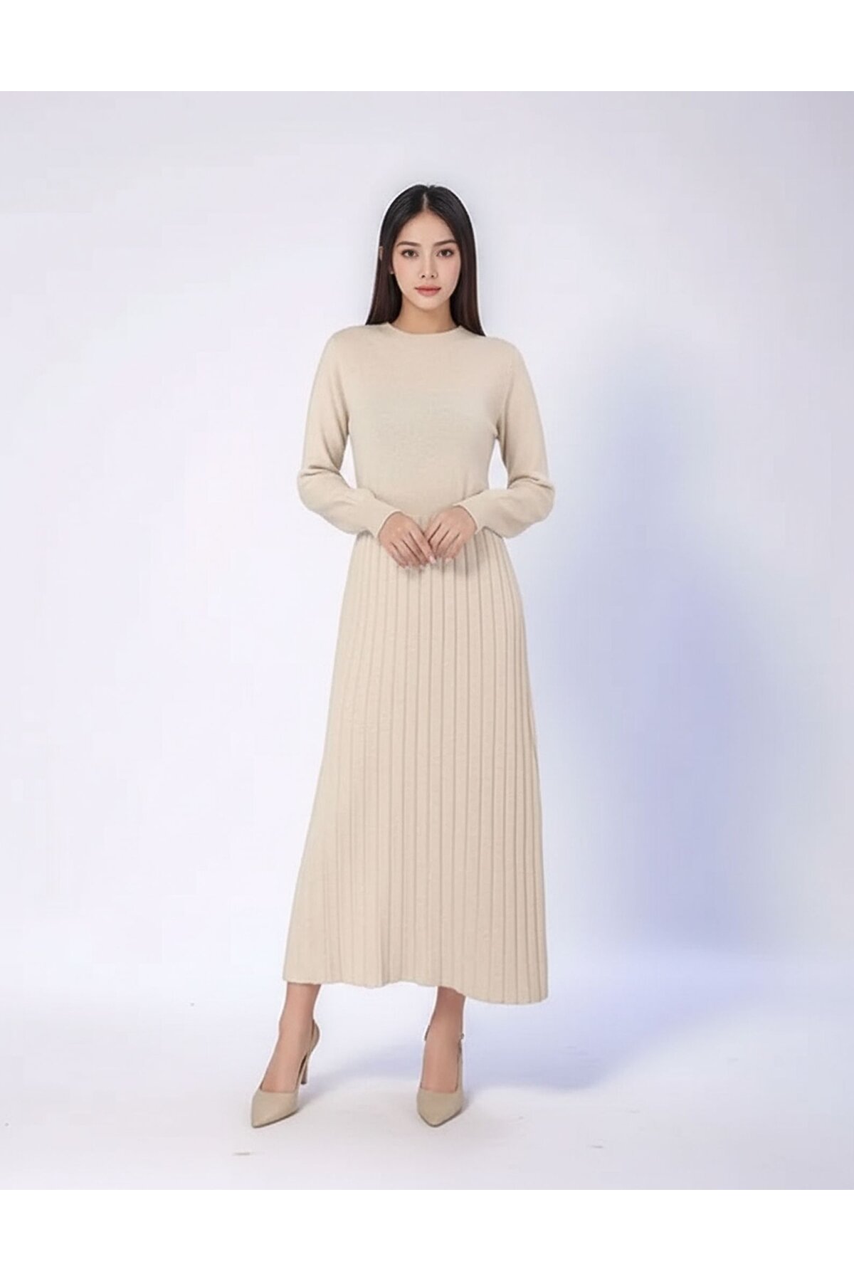 Kadın Uzun Kol Bisiklet Yaka Triko Belden Asimetrik Etek Triko Spor Şık Elbise