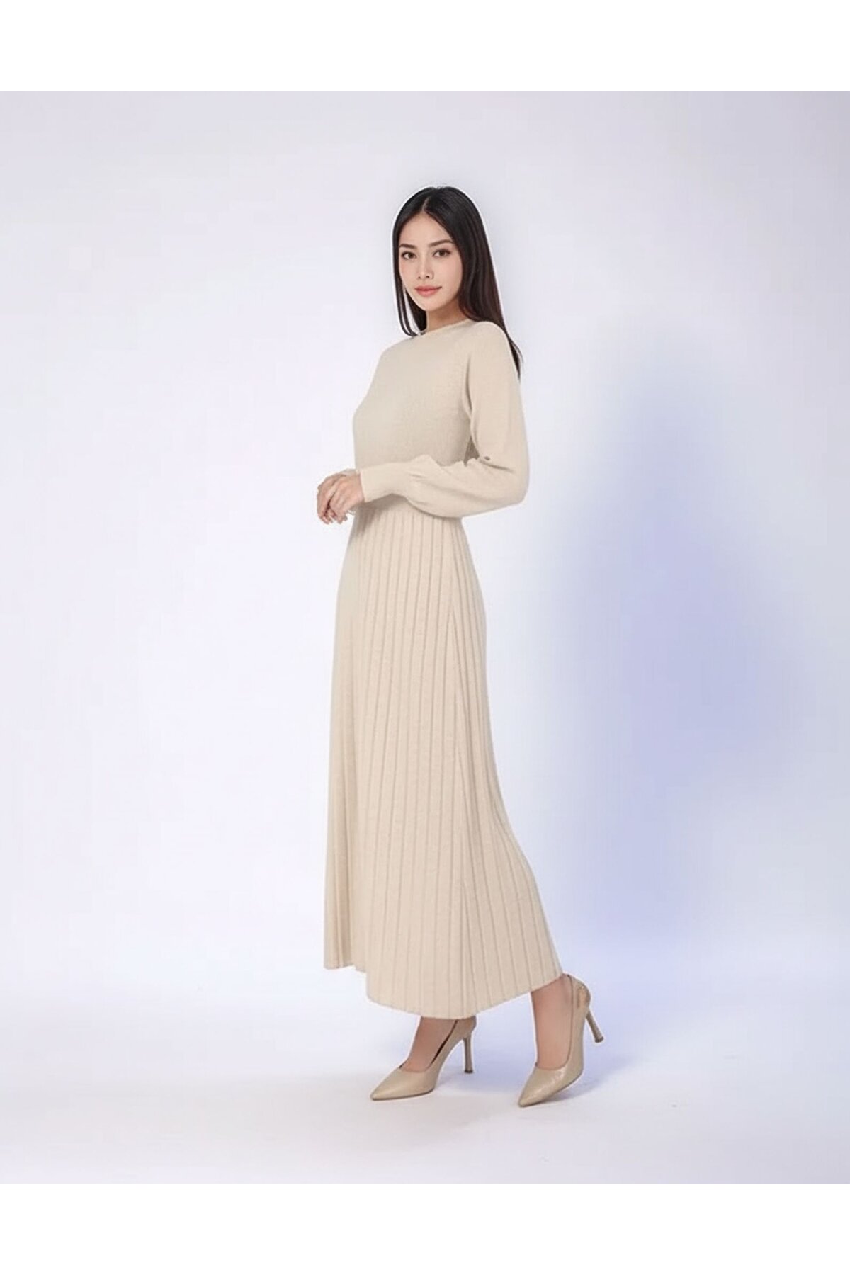 Kadın Uzun Kol Bisiklet Yaka Triko Belden Asimetrik Etek Triko Spor Şık Elbise