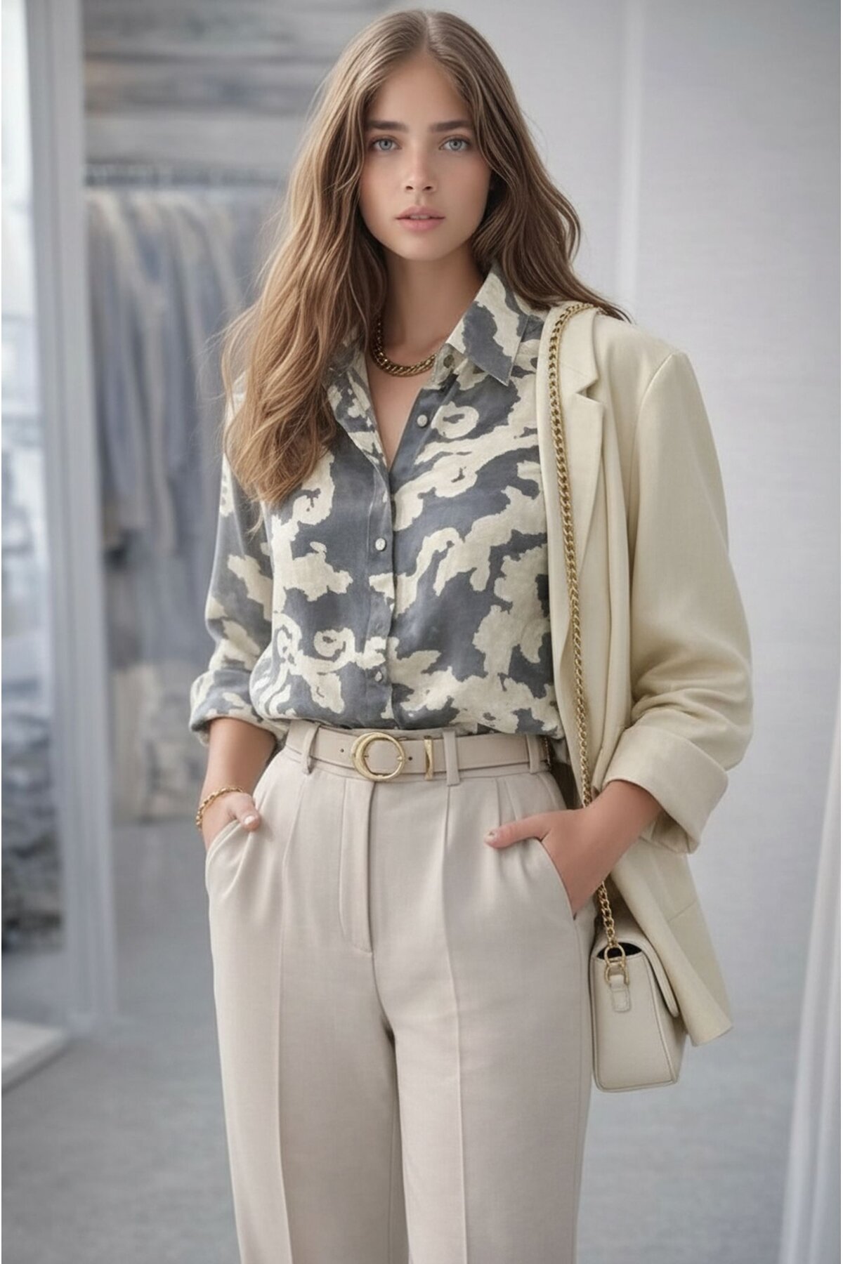 Kadın Uzun Kol Parlak Saten Desenli Spor Şık Rahat Kalıp Saten Gömlek