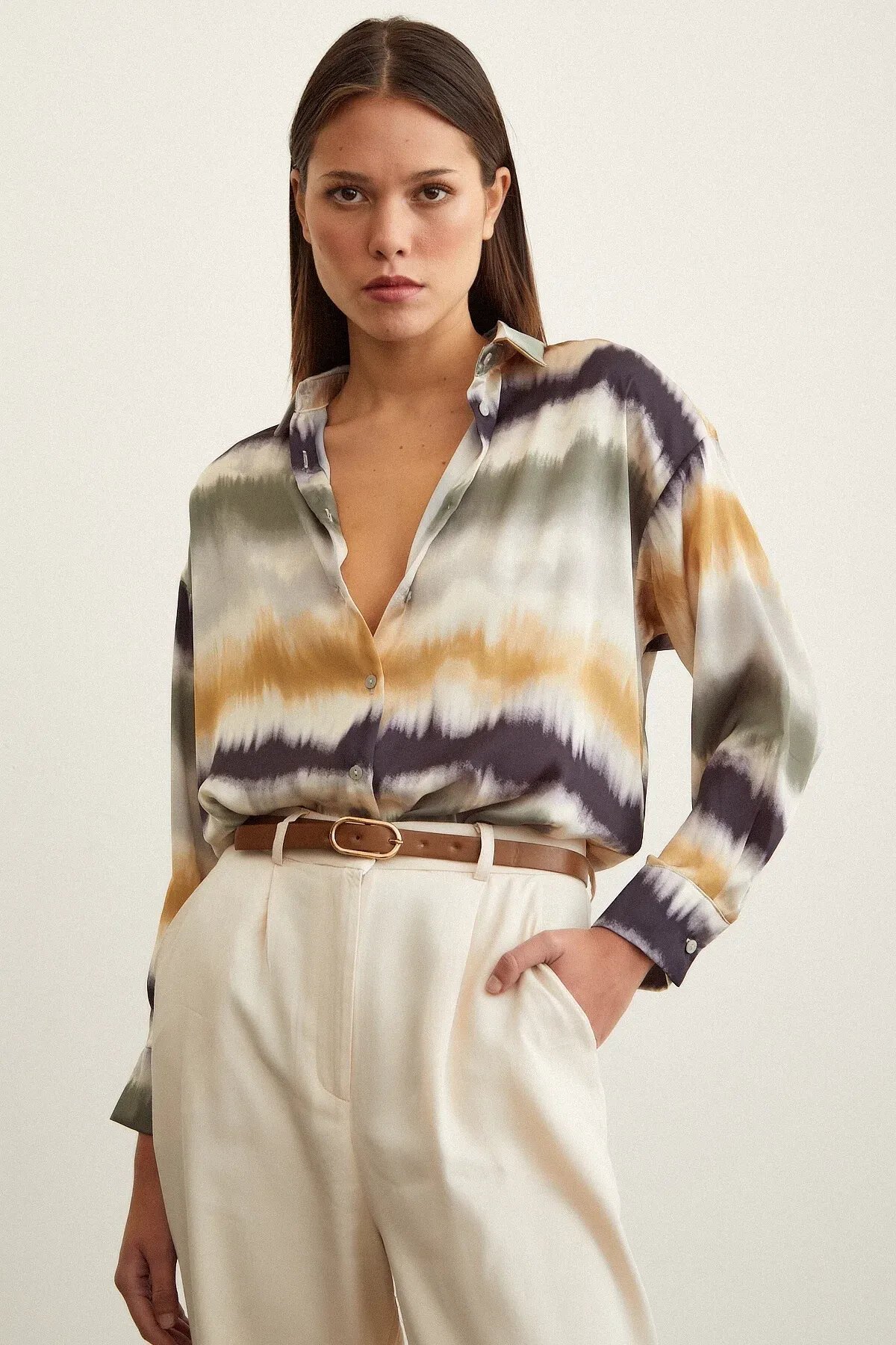 Kadın Uzun Kol Sulu Boya Desenli Renkli Pamuk Saten Premium Kalite Spor Şık Gömlek