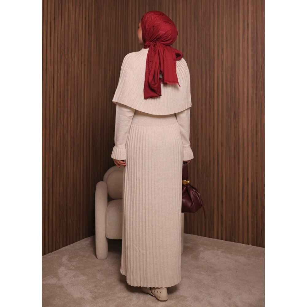 Kadın Uzun Kol Tasarım Şal Yaka Tesettüre Uygun Panço Düğme Detay Triko Şık Maxi Boy Uzun Elbise