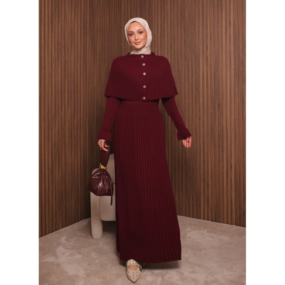 Kadın Uzun Kol Tasarım Şal Yaka Tesettüre Uygun Panço Düğme Detay Triko Şık Maxi Boy Uzun Elbise