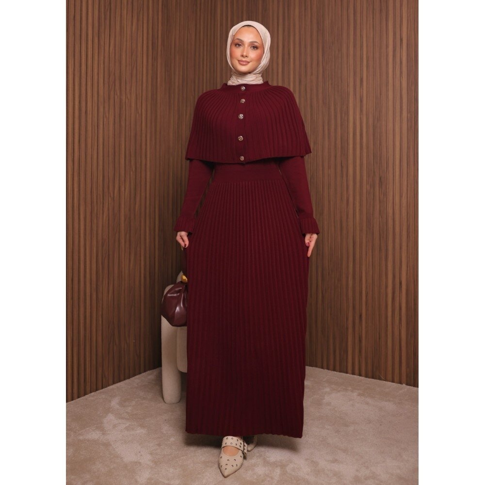 Kadın Uzun Kol Tasarım Şal Yaka Tesettüre Uygun Panço Düğme Detay Triko Şık Maxi Boy Uzun Elbise