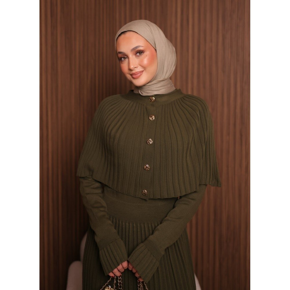 Kadın Uzun Kol Tasarım Şal Yaka Tesettüre Uygun Panço Düğme Detay Triko Şık Maxi Boy Uzun Elbise