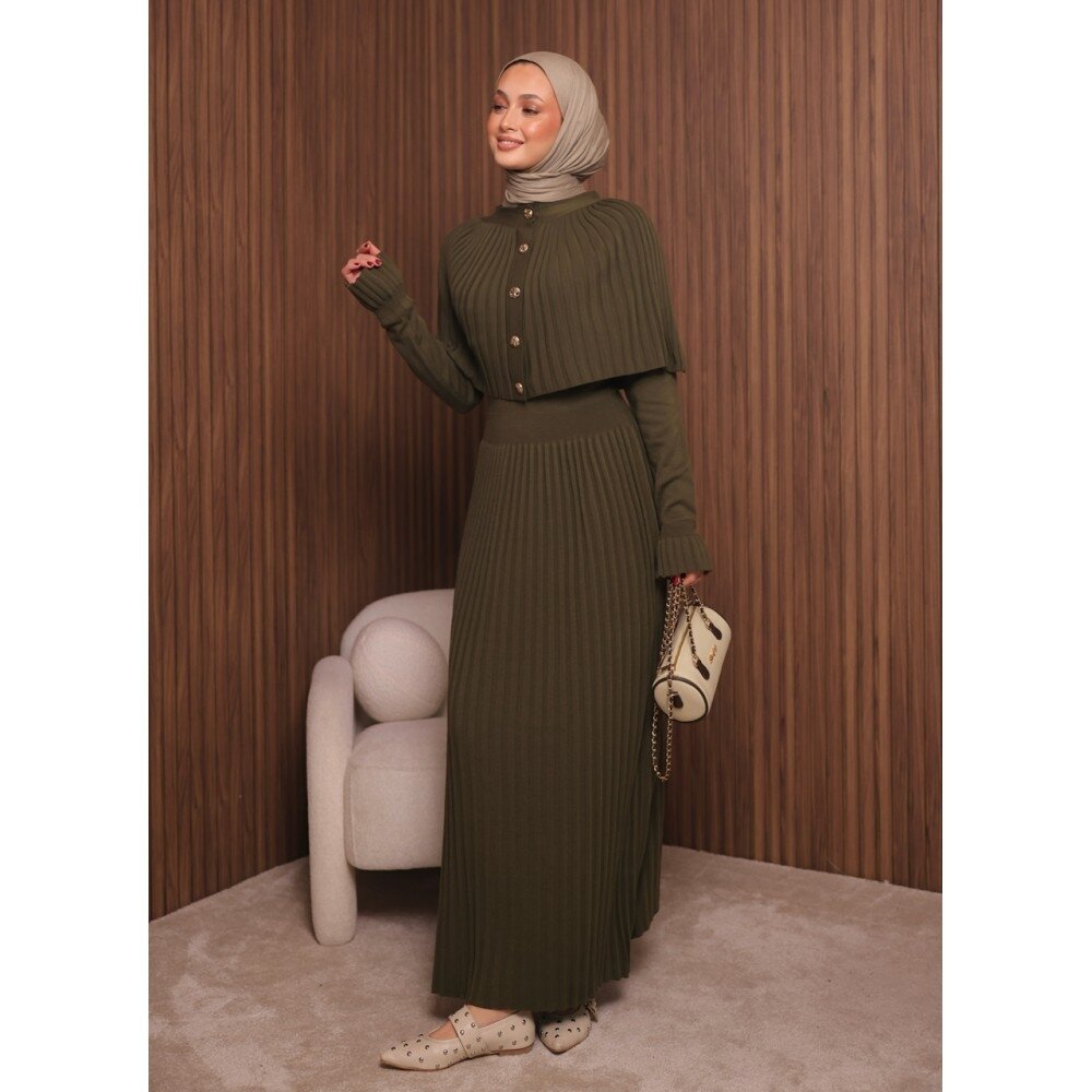 Kadın Uzun Kol Tasarım Şal Yaka Tesettüre Uygun Panço Düğme Detay Triko Şık Maxi Boy Uzun Elbise
