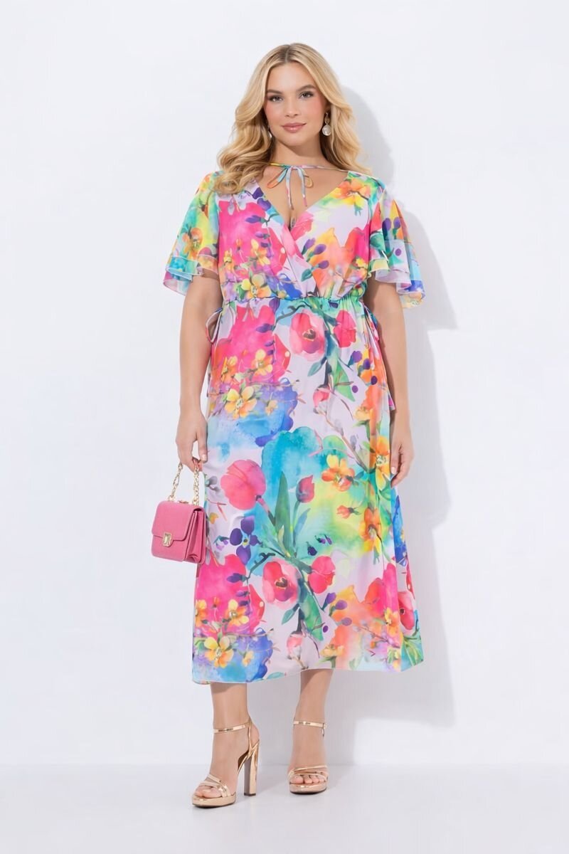 Kadın V Yaka Belden Oturmalı Çiçekli Şık Abiye Curve Büyük Beden Gece Elbise