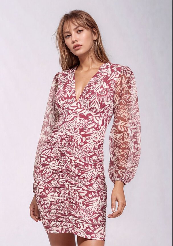 Kadın V Yaka Bordo Krem Desenli Kolu Şifon Eteği Büzgülü Mini Boy Şık Abiye Elbise