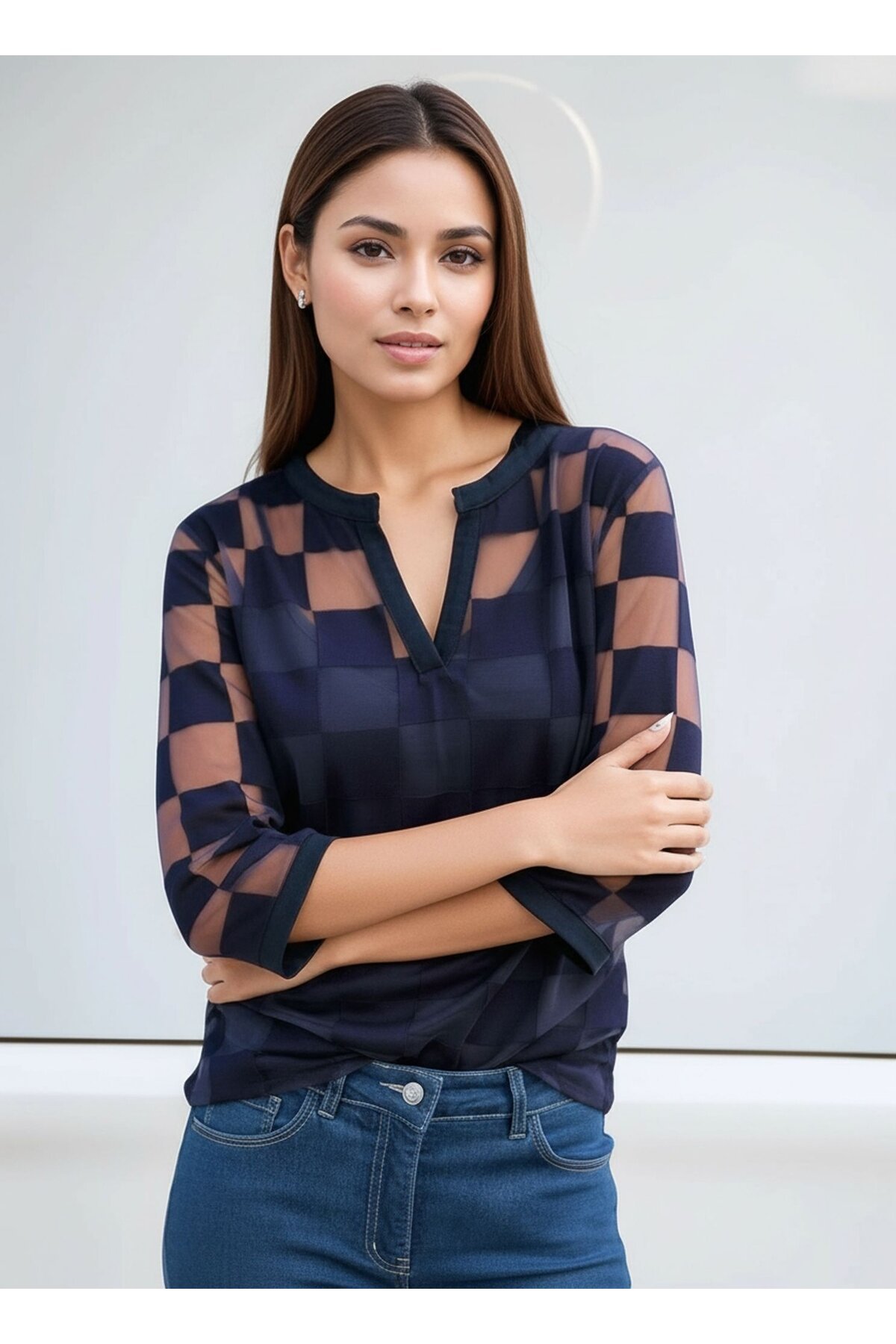 Kadın V Yaka Kare Desenli Şifon Truvakar Kol Astarlı Tasarım Şık Büyük Beden Curve Bluz
