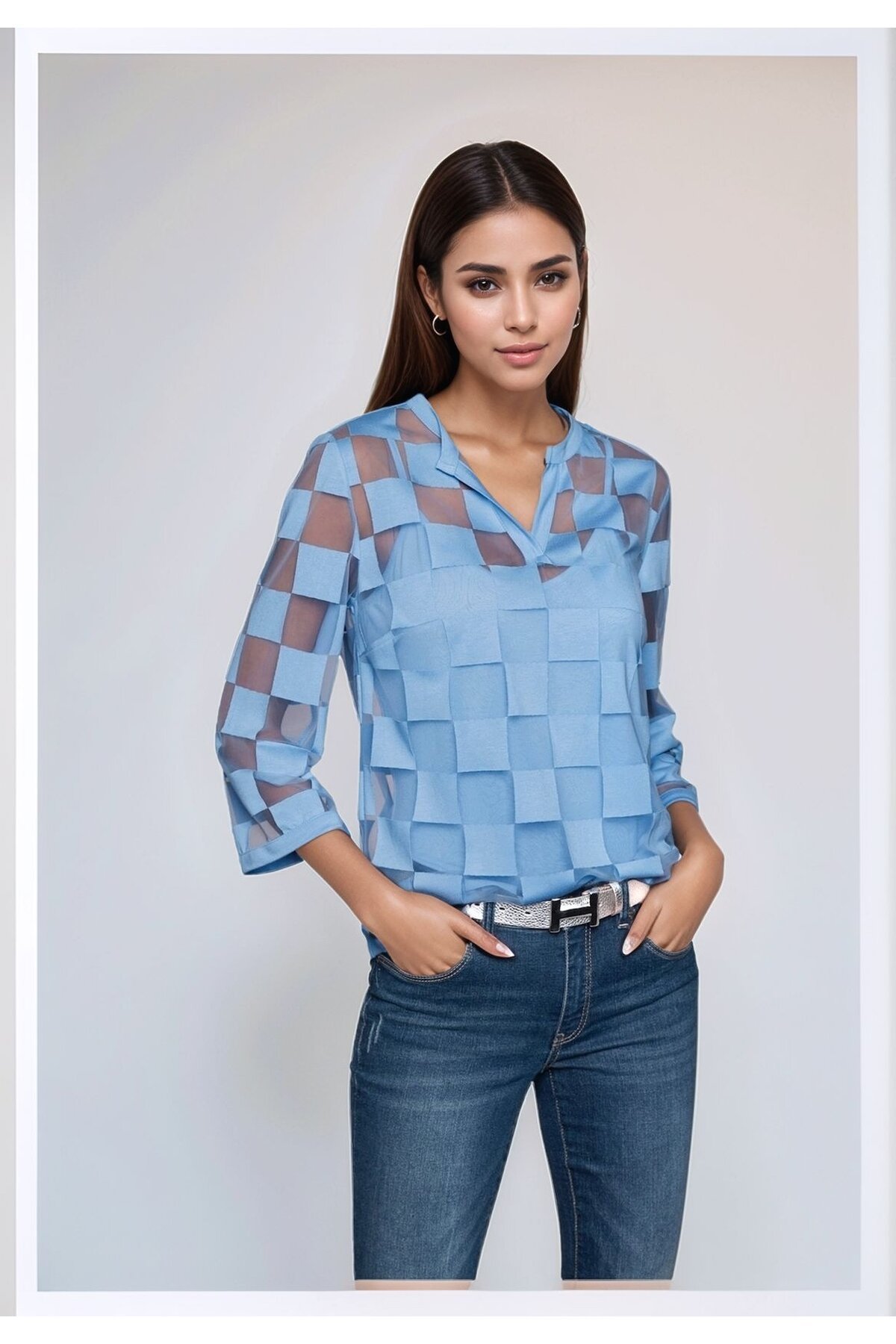 Kadın V Yaka Kare Desenli Şifon Truvakar Kol Astarlı Tasarım Şık Büyük Beden Curve Bluz