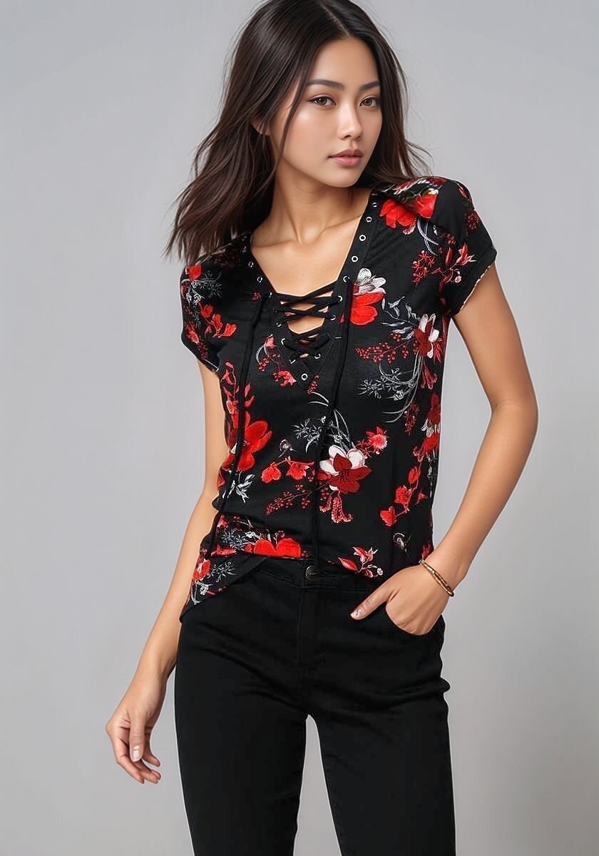 Kadın  V Yaka Kuş Gözü Bağcıklı Tasarım Yarım Kol Spor Şık Curve Viskon Bluz