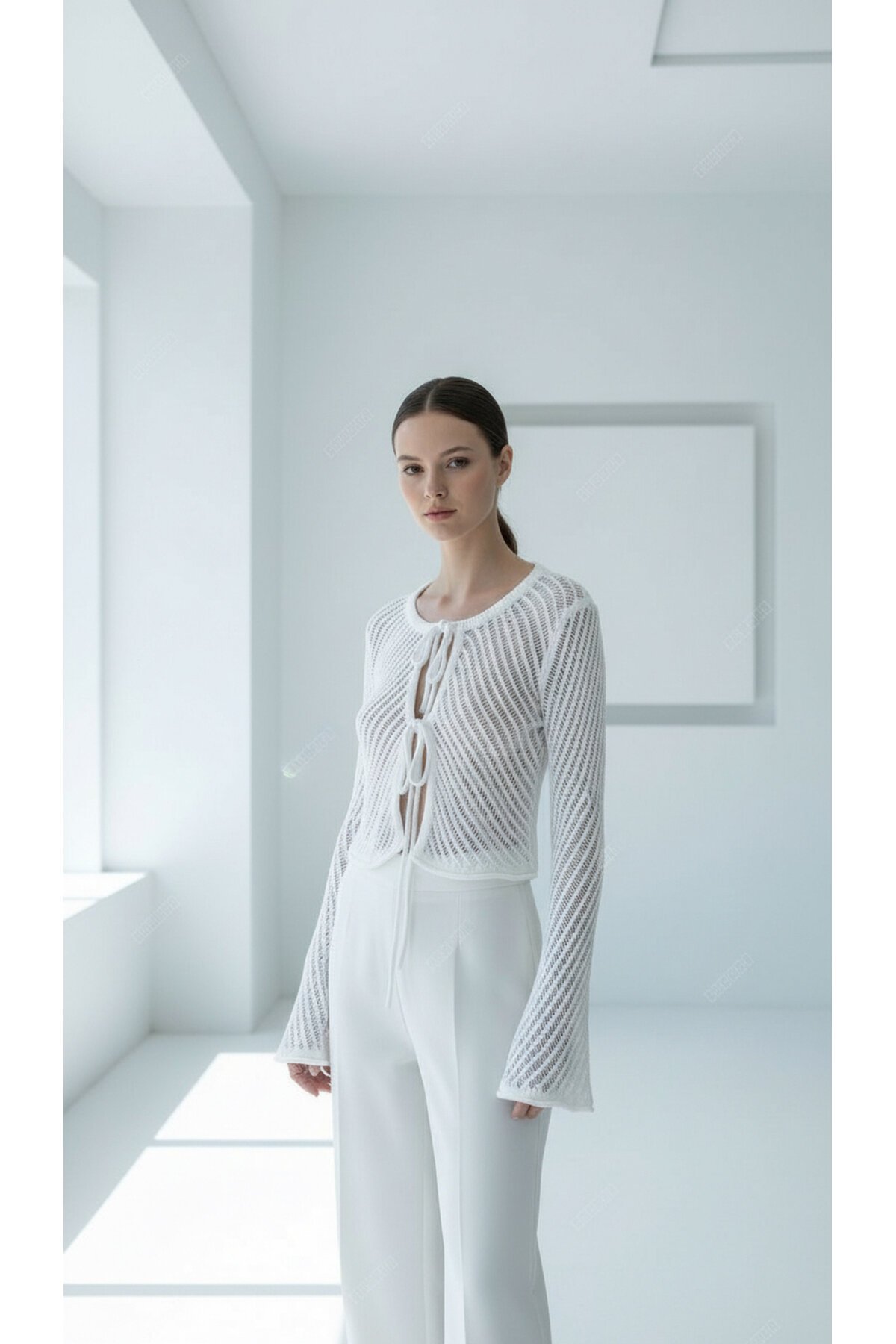 Kadın Bisiklet Yaka Önden Bağcıklı İspanyol Uzun Kol Spor Şık Ajurlu Tasarım Kısa Ceket