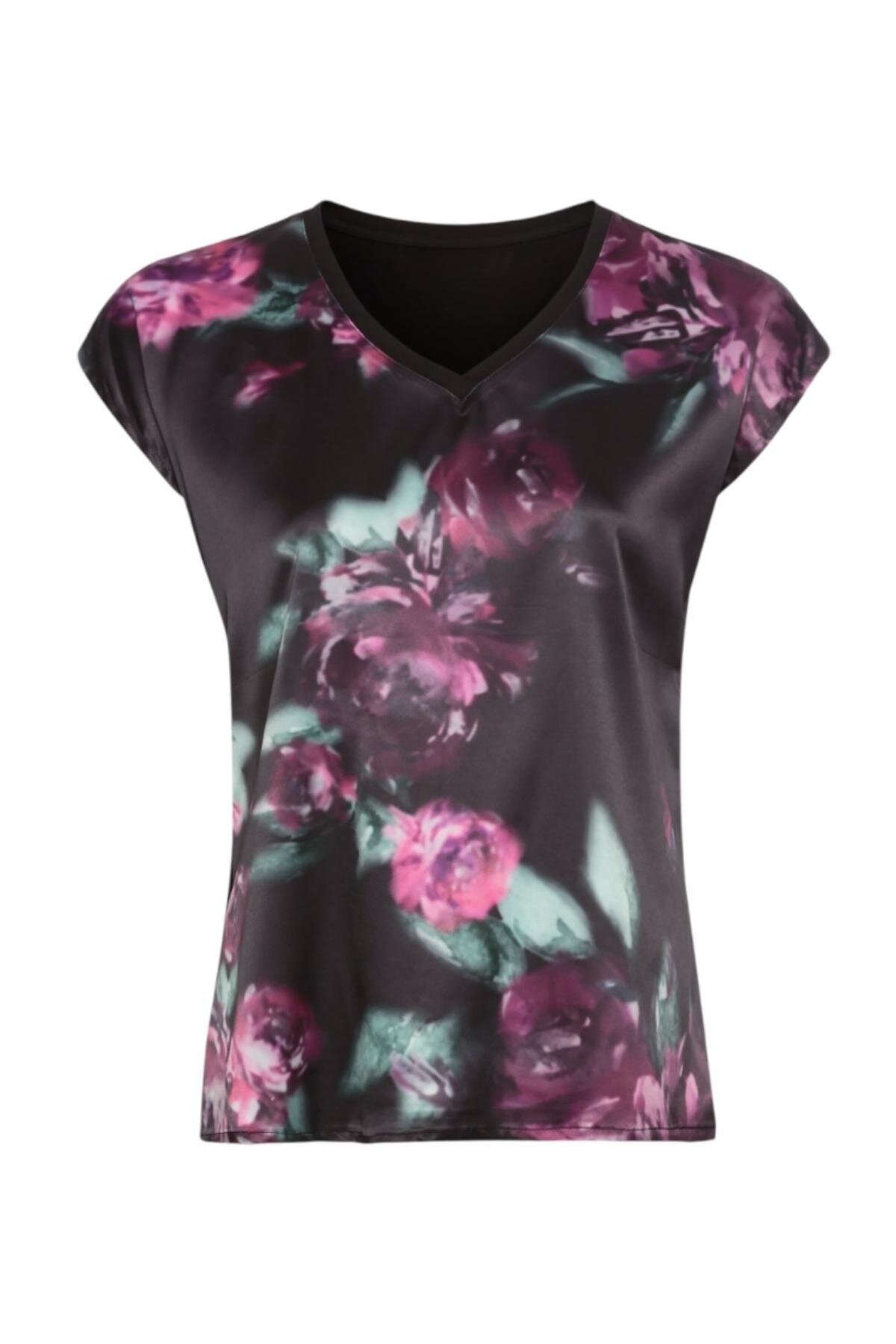 Kadın V Yaka Saten Viskon Kısa Kol Spor Şık Çicek Desenli Bluz