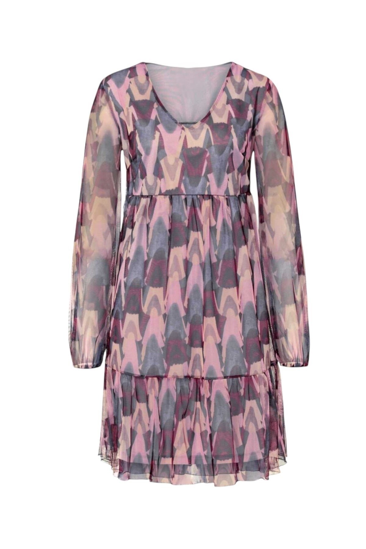 Kadın V Yaka Uzun Kol Rahat Kalıp Desenli Tül Elbise