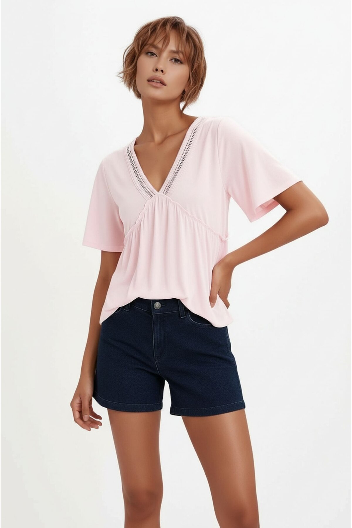 Kadın V Yaka Yarım Kol Yakası File Detay Şık Örme Rahat Kalıp Yazlık Bluz