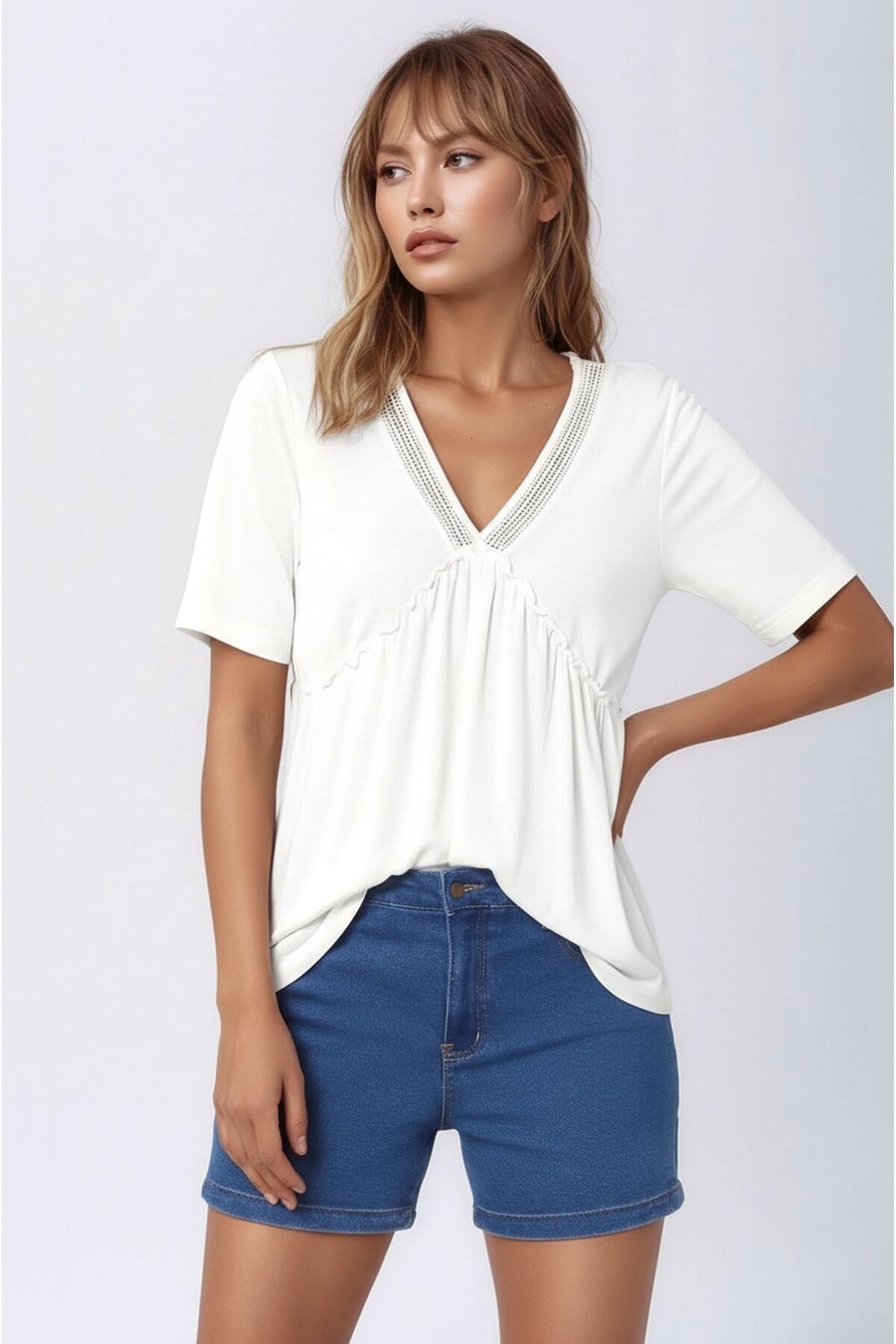 Kadın V Yaka Yarım Kol Yakası File Detay Şık Örme Rahat Kalıp Yazlık Bluz