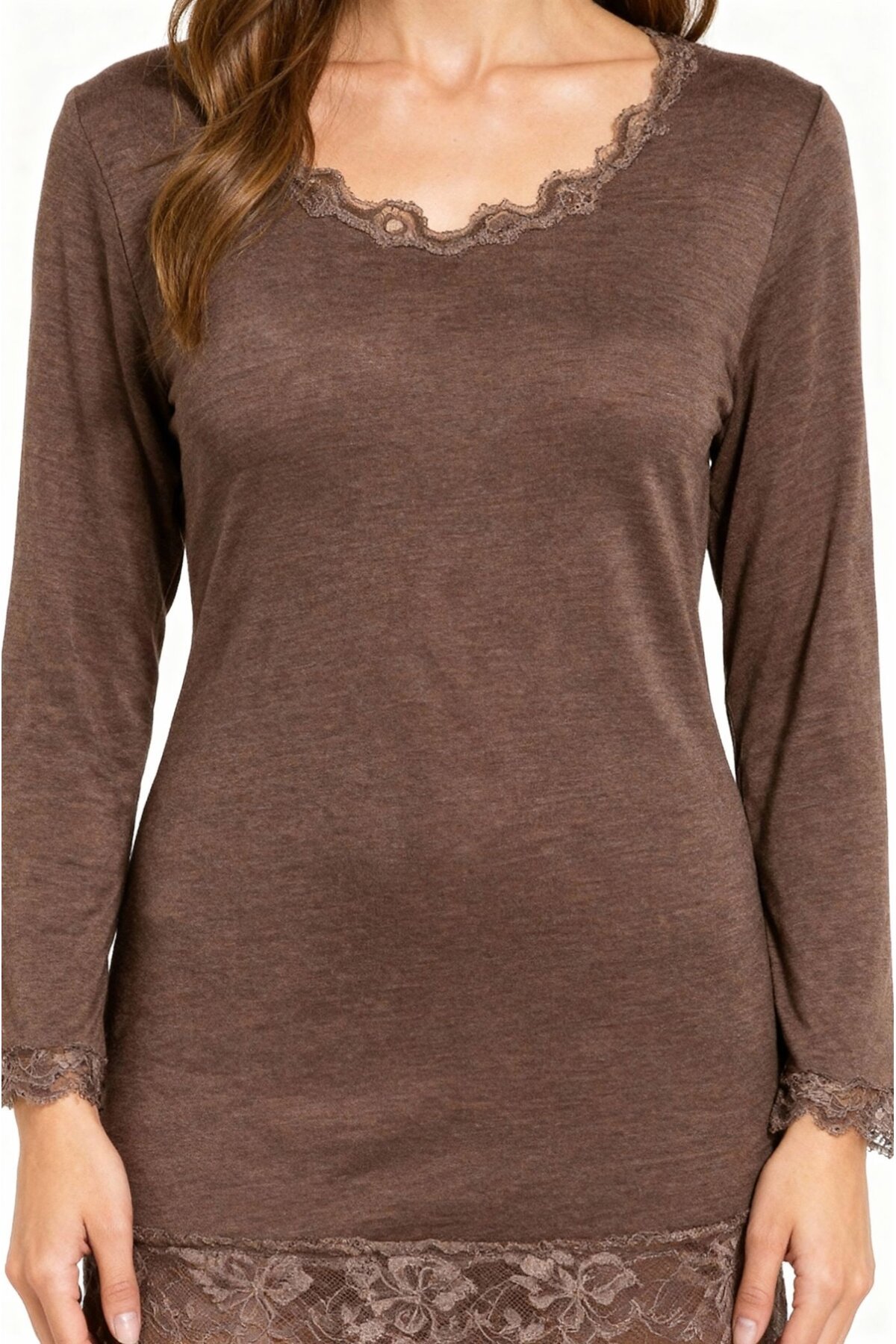 Kadın Viskon Dantel Detaylı Uzun Kol Curve Spor Şık Bluz Tunik