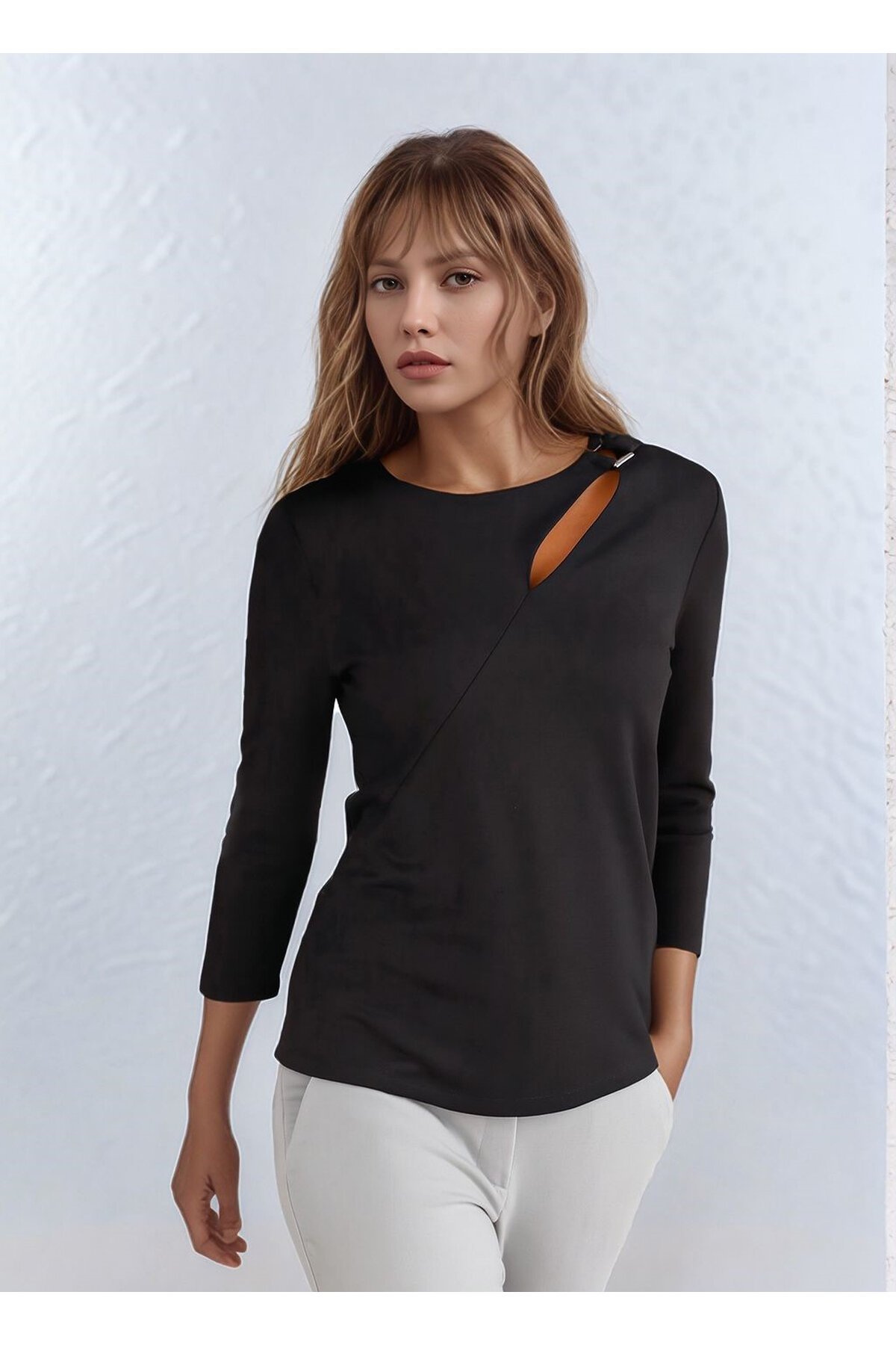 Kadın Yakada Toka Detay Spor Şık Dokuma Kumaş Truvakar Kol Büyük Beden Şık Bluz