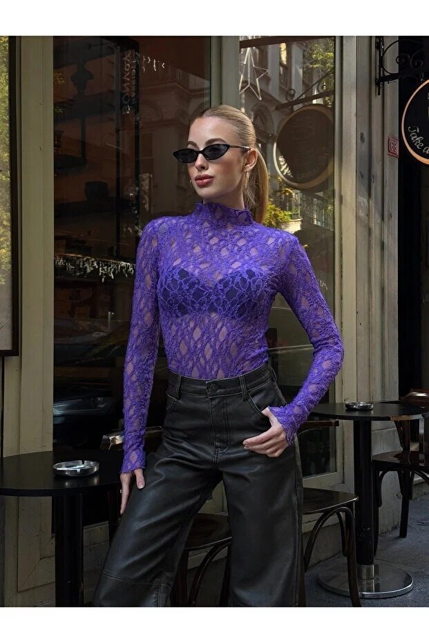 Kadın Yarım Balıkçı Yaka Full Esnek Dantel Bürümcük Spor Şık Tasarım Gece Bluzu