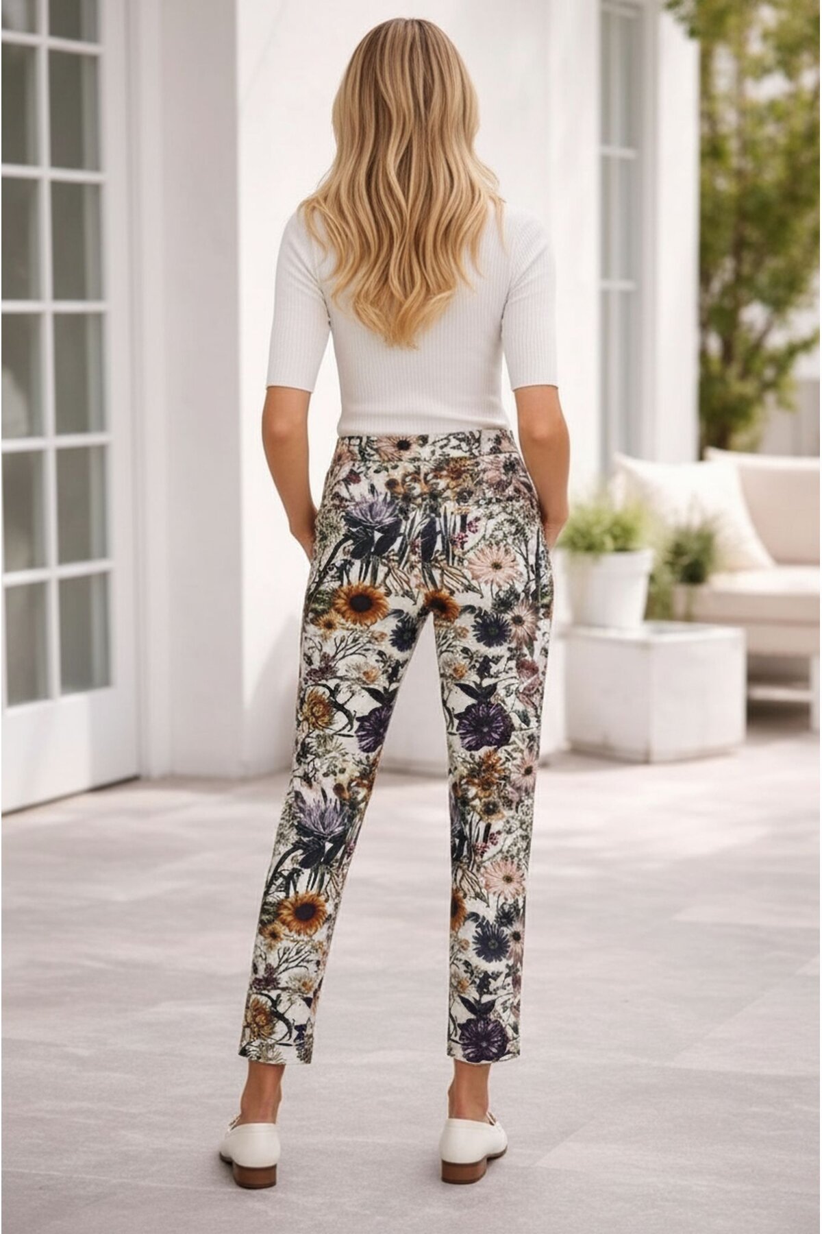 Kadın Yüksek Bel Çiçek Desenli Bilek Boy Şık Tasarım Pantolon