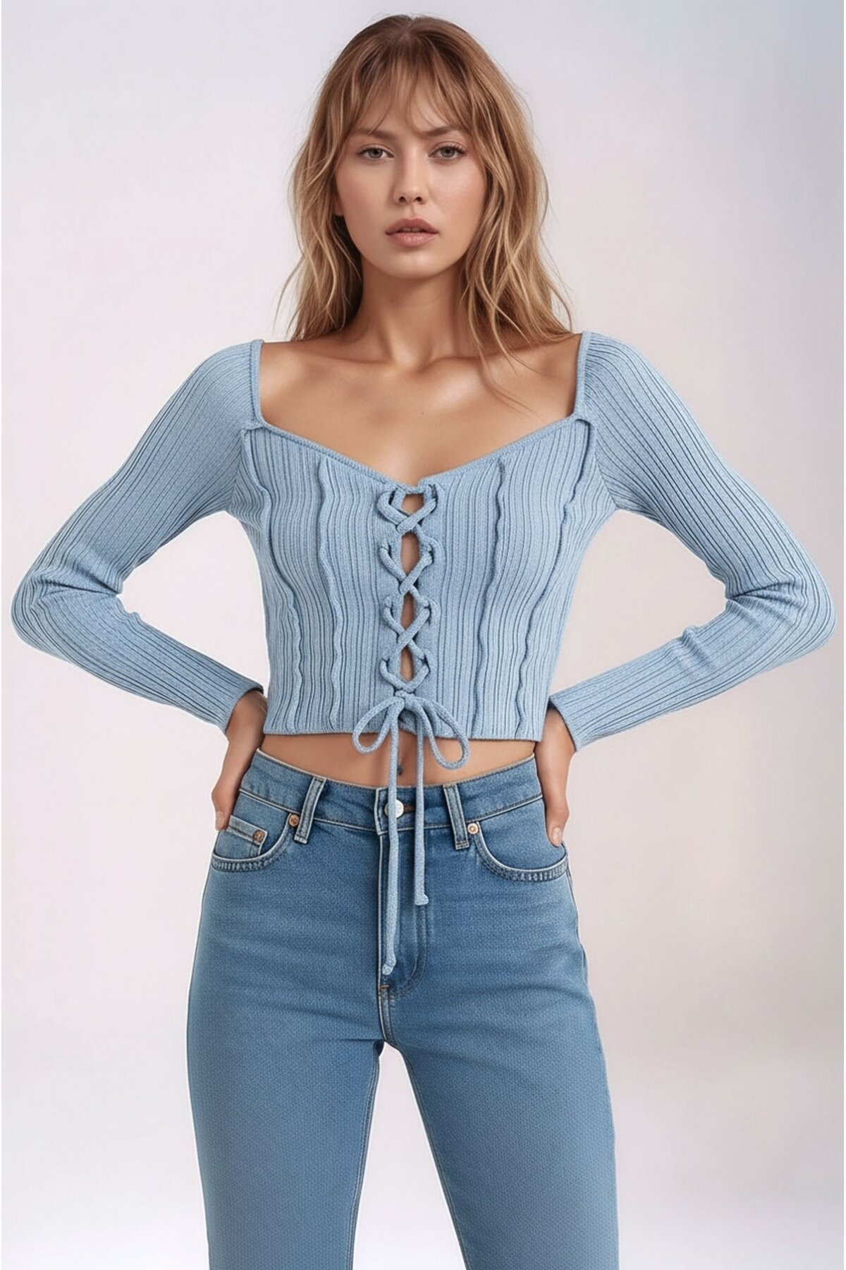 Kadın Yuvarlak Yaka Önden Bağcıklı Uzun Kol Fitilli Crop Boy Spor Şık Bluz