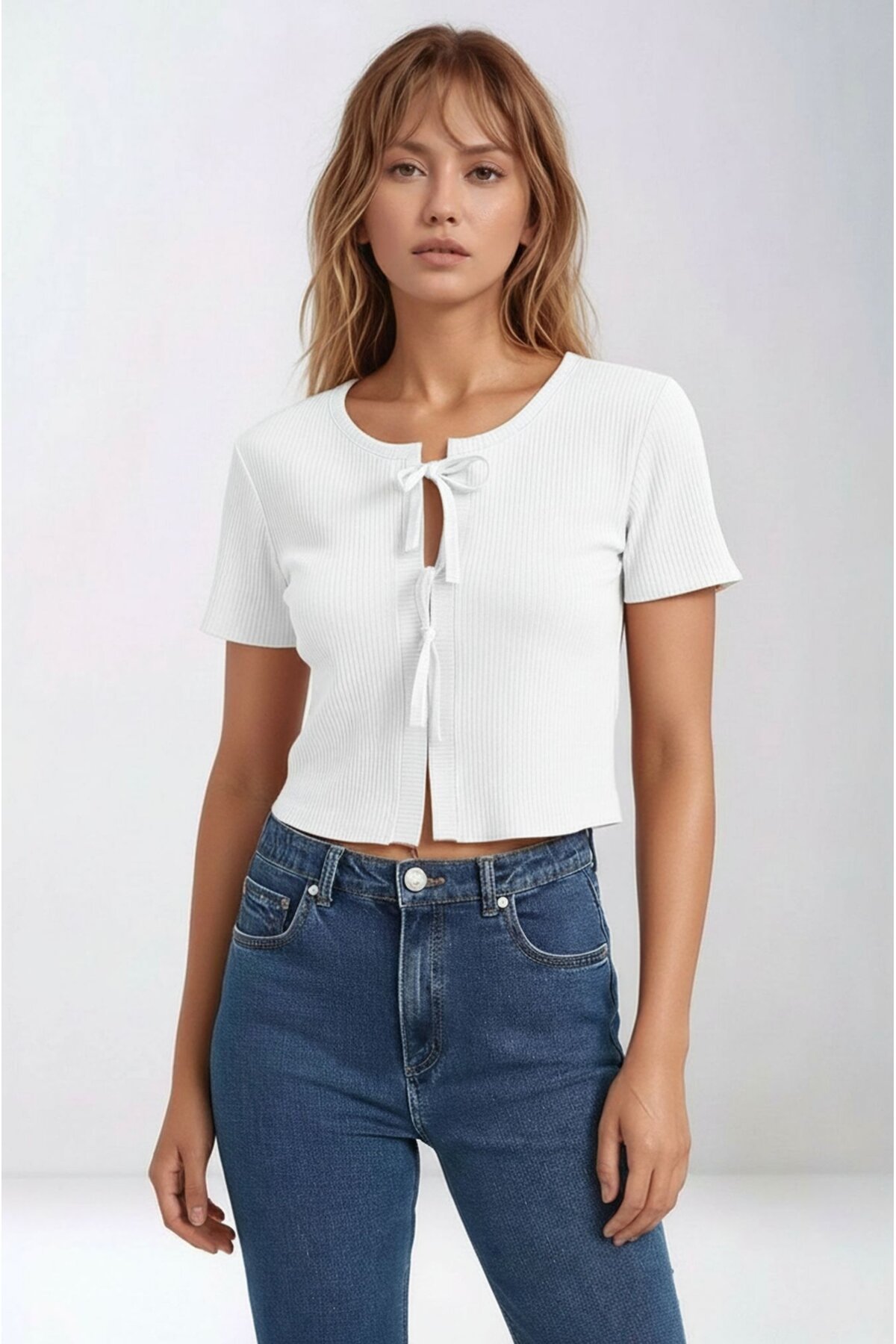 Kadın Yuvarlak Yaka Önden Bağcıklı Yarım Kol Fitilli Crop Boy Spor Şık Yazlık Ceket