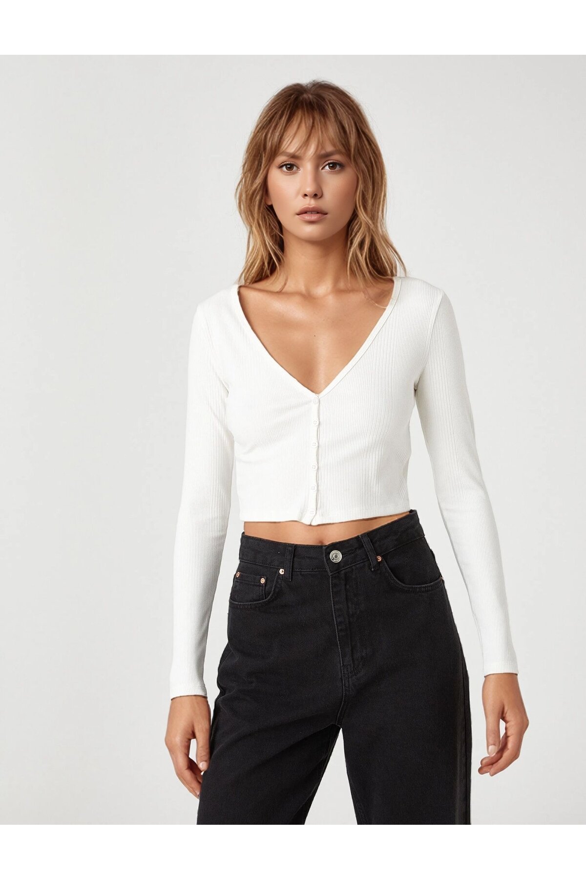 Kadın V Yaka Önden Düğmeli Uzun Kol Fitilli Crop Boy Spor Şık Ceket