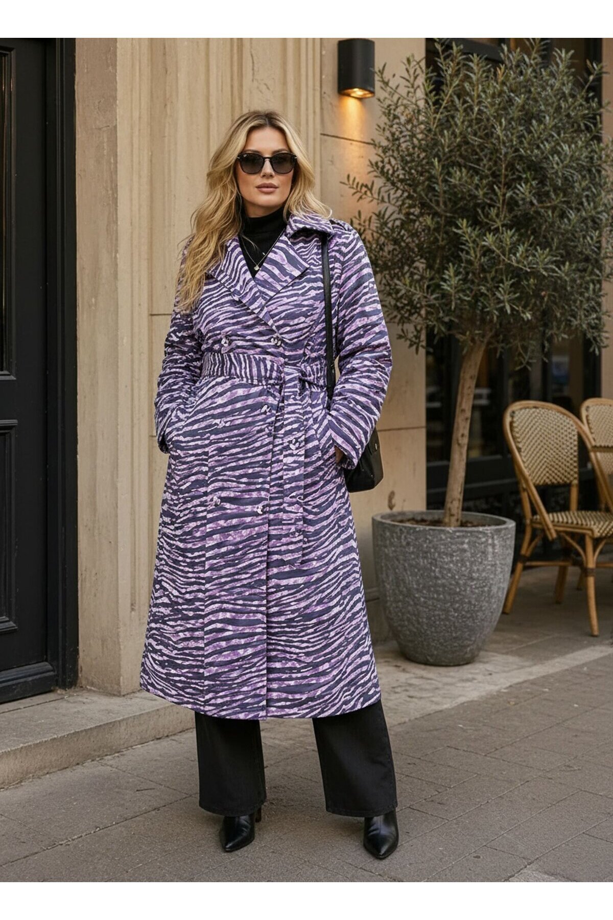 Kadın Zebra Desenli Geniş Kalıp Casual Cepli Yakalı Uzun Boy Curve Kaban