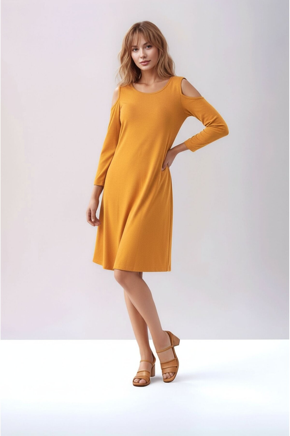 Kadon Omzu Açık Truvakar Kol Bisiklet Yaka Rahat Kalıp Spor Şık Örme Viskon Elbise