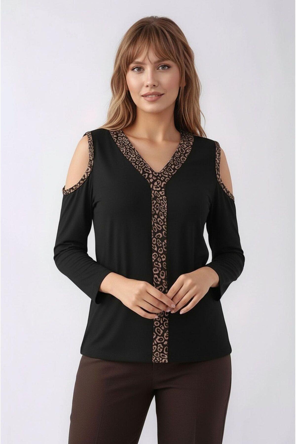 Kadon Omzu Açık Truvakar Kol Leopar Biyeli Rahat Kalıp Spor Şık Bluz