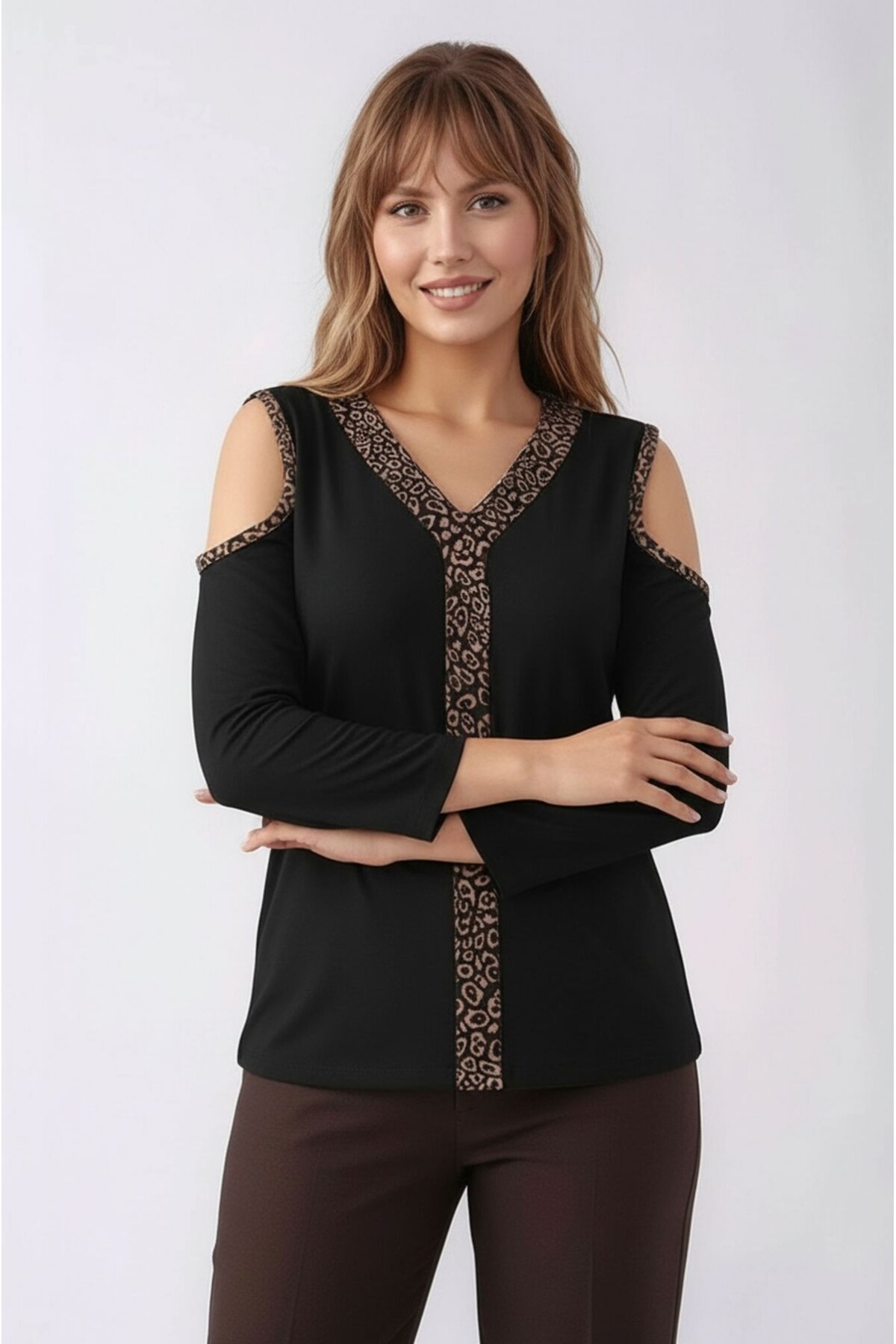Kadon Omzu Açık Truvakar Kol Leopar Biyeli Rahat Kalıp Spor Şık Bluz