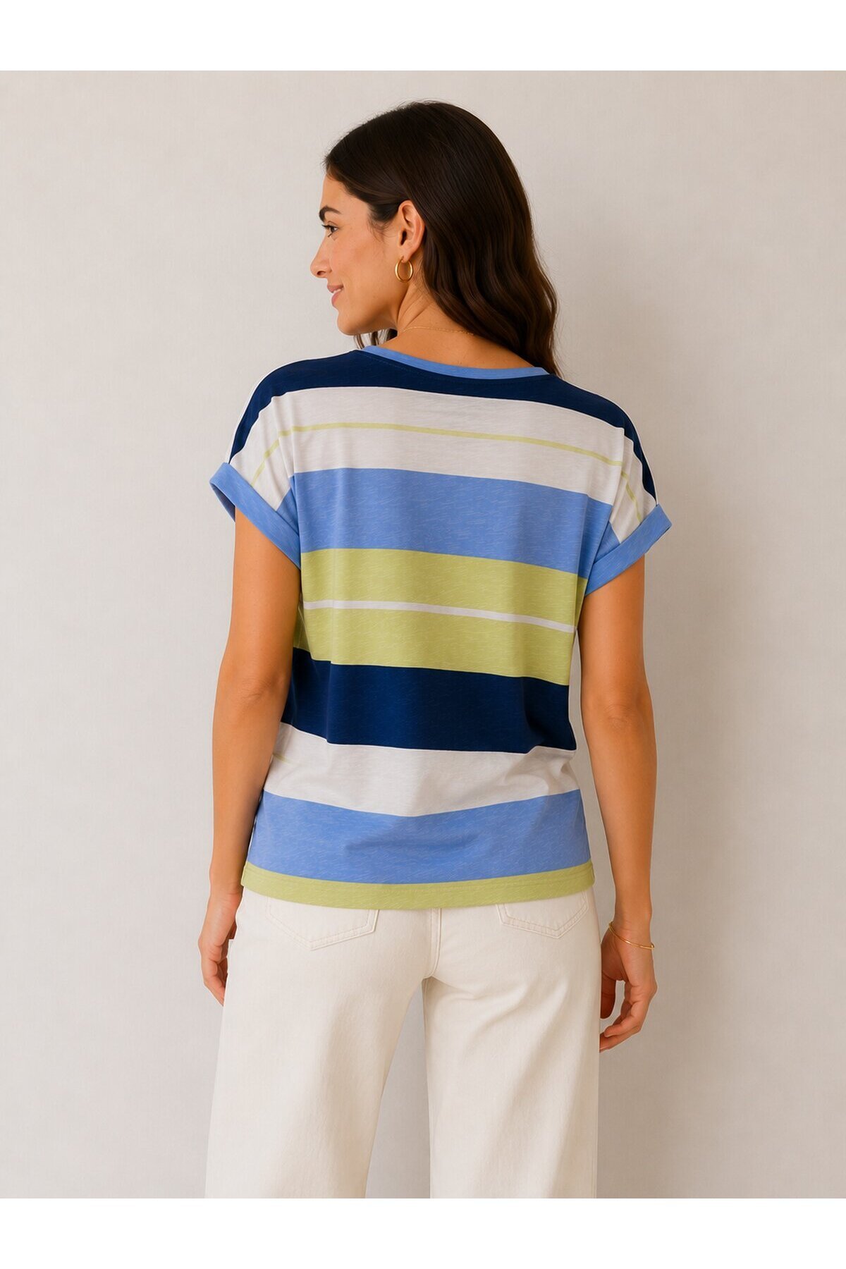 Kadın Bisiklet Yaka Kısa Kol Çizgili Spor Şık %100 Cotton Tshirt Bluz
