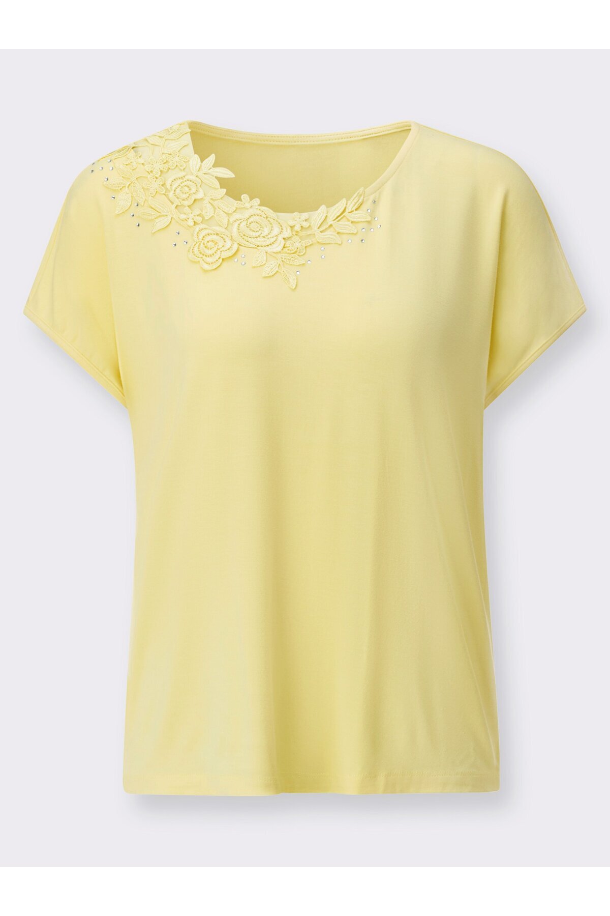 Kadın Bisiklet Yaka Kısa Kol Yakası Taş ve Gül Güpür Detay Tshirt Bluz