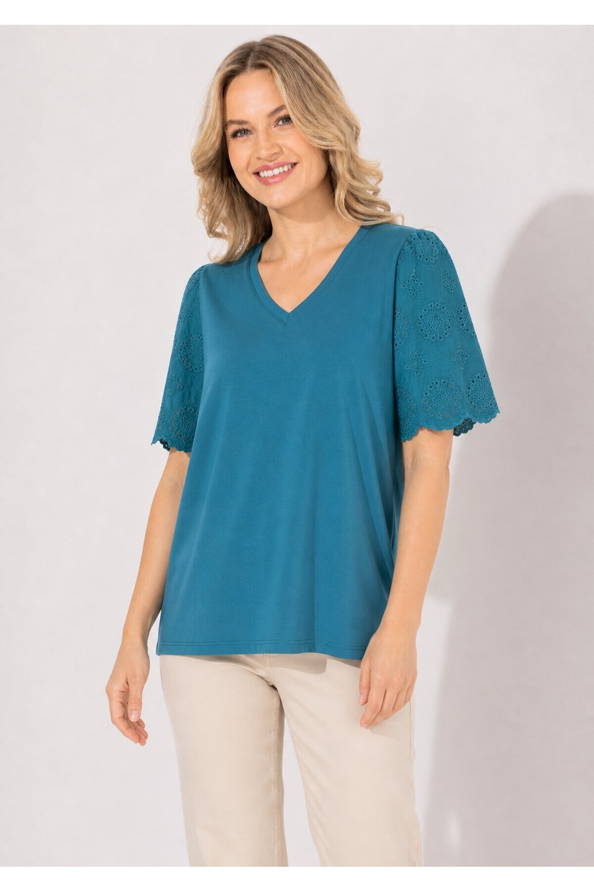 Kadın V Yaka Kolları Güpürlü Curve Büyük Beden Spor Şık %100 Cotton Tshirt Bluz