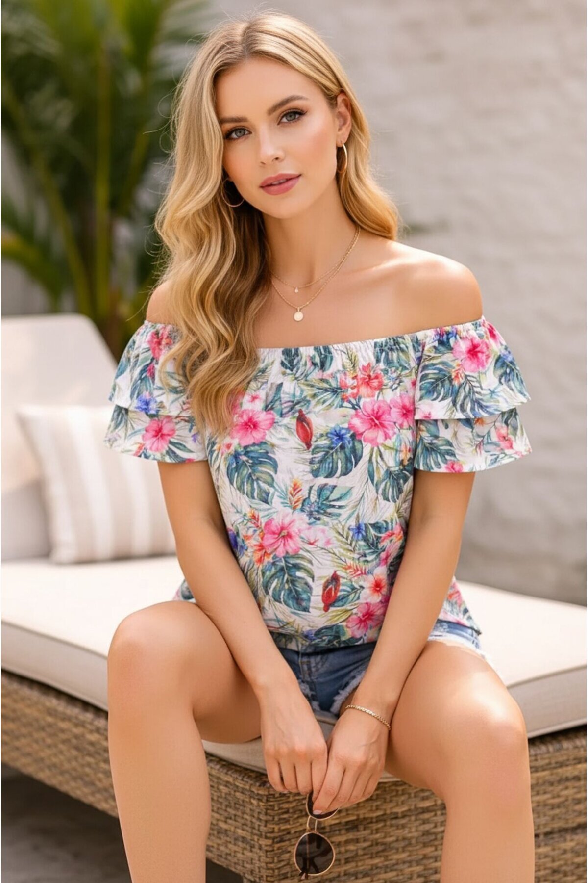 Kadın Yazlık Askılı Kolları Volan Fırfır Detay Curve Spor Şık Casual Çiçekli Yazlık Bluz