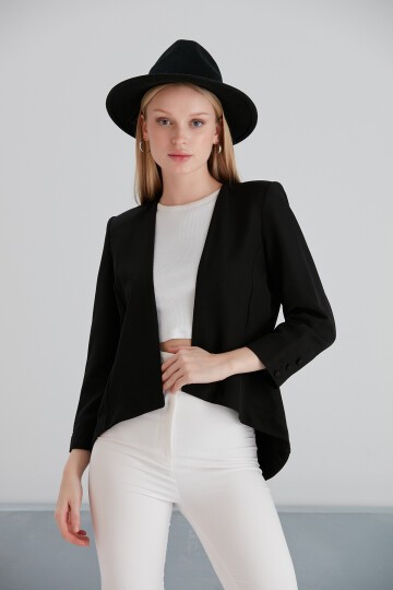 Kadın Asimetrik Kesim Truvakar Kol Tasarım Spor Şık Siyah Kumaş Blazer Ceket