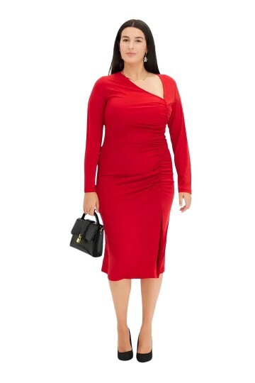 Kadın Asimetrik Yaka Büzgülü Spor Şık Gece Curve Büyük Beden Abiye Elbise